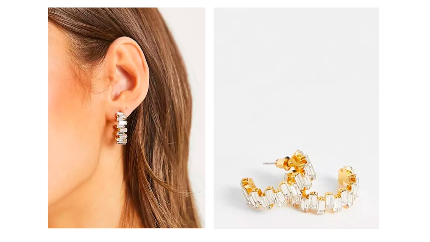 ASOS DESIGN 14k gold plated hoop earrings with baguette crystal design