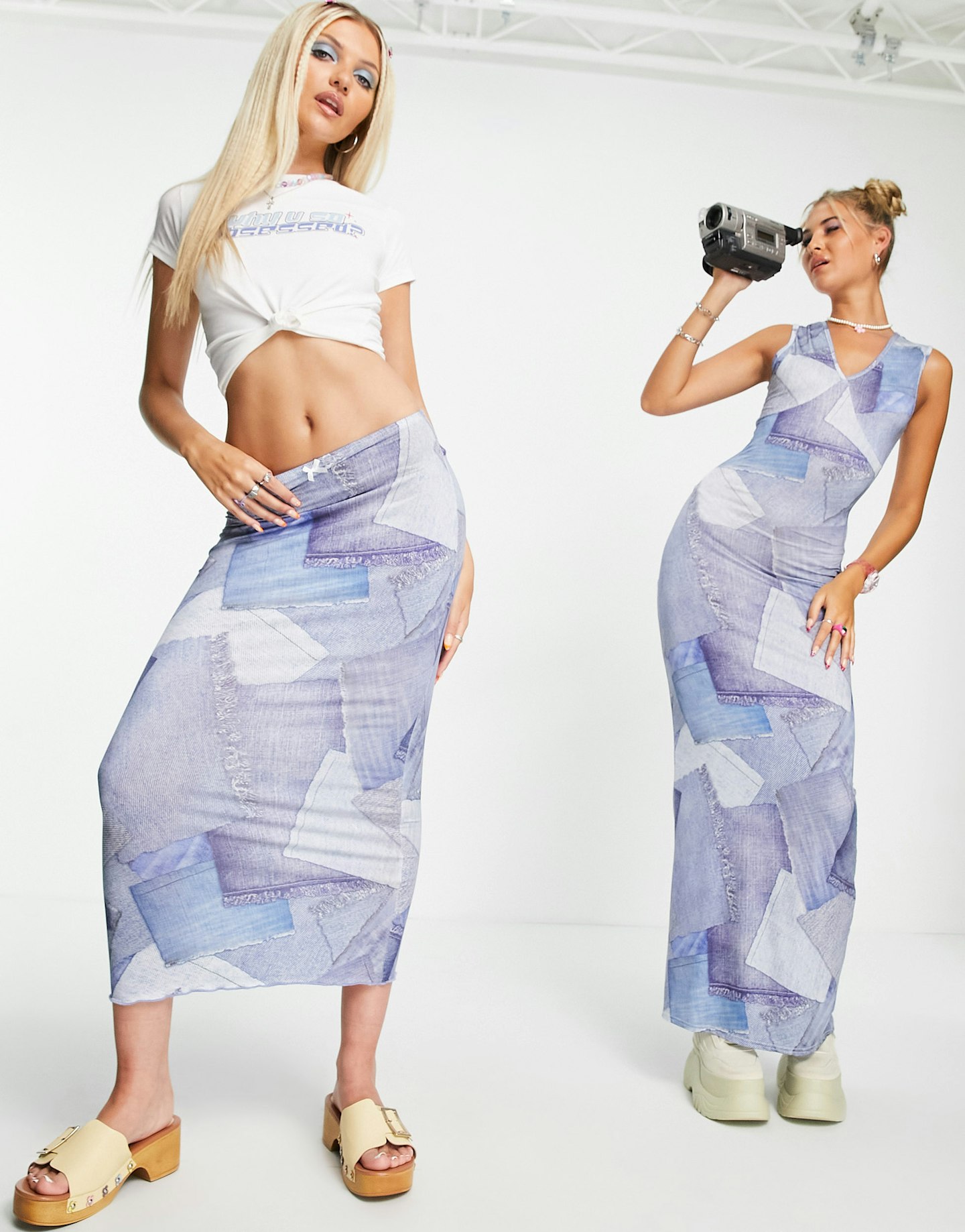 Slinky Midi Skirt With Bow Waist In Patchwork Denim