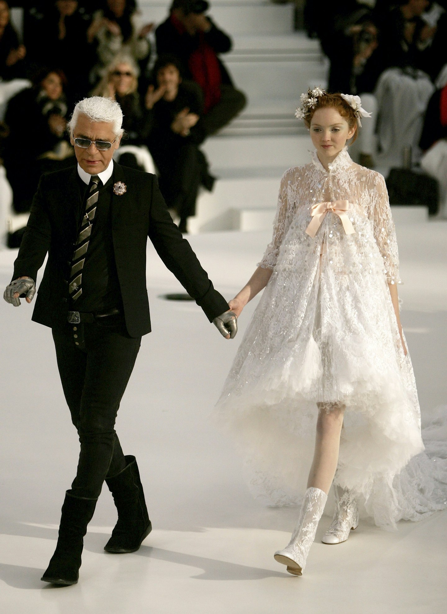 Chanel exhibition catwalk moments Karl Lagerfeld and Lily Cole in The Chanel Fall 2006 Finale
