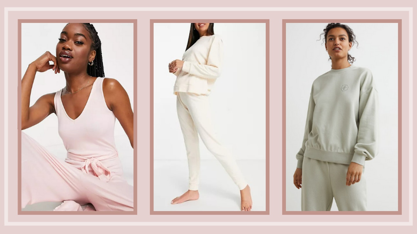 Three pictures of high street loungewear sets on a pink background