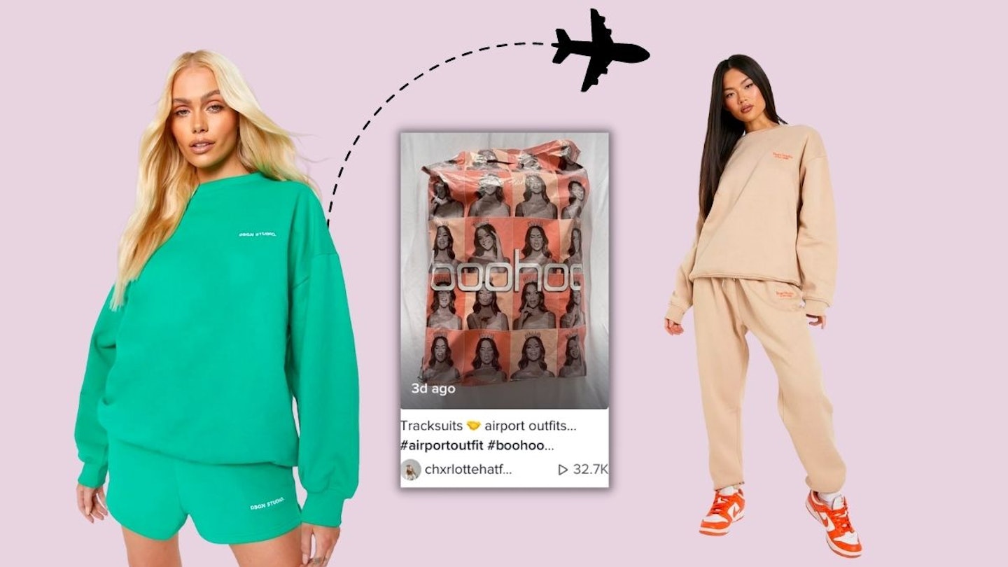 two boohoo models wearing tracksuits with tiktok screenshot in centre