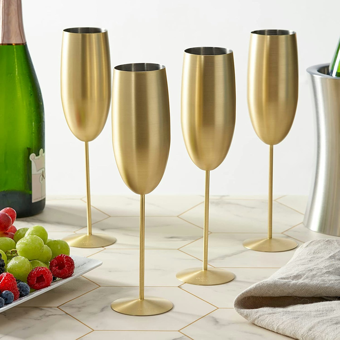 Oak & Steel - 4 Gold Champagne Flutes Gift Set
