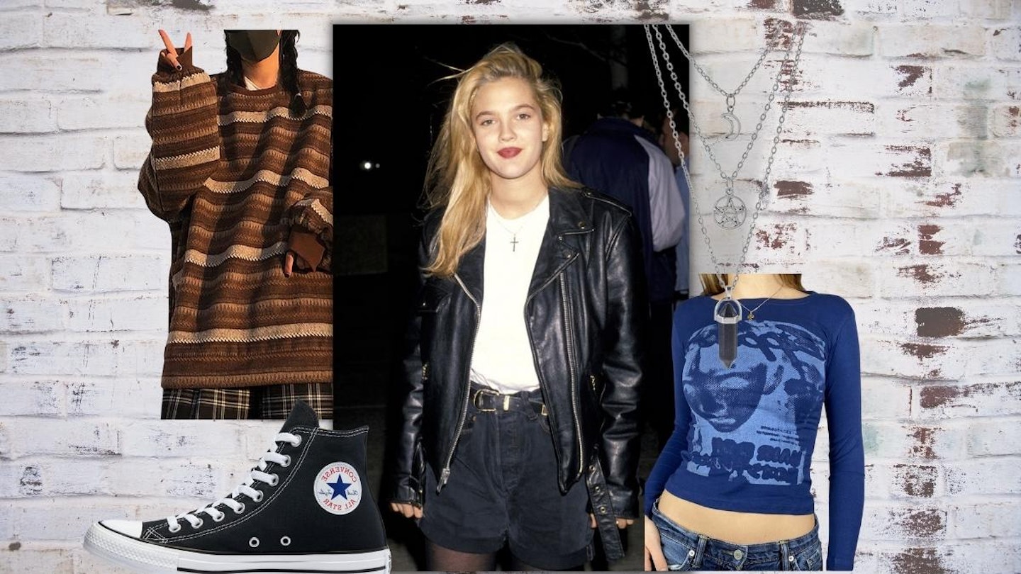 picture of drew barrymore surrounded by indie aesthetic clothing & accessories