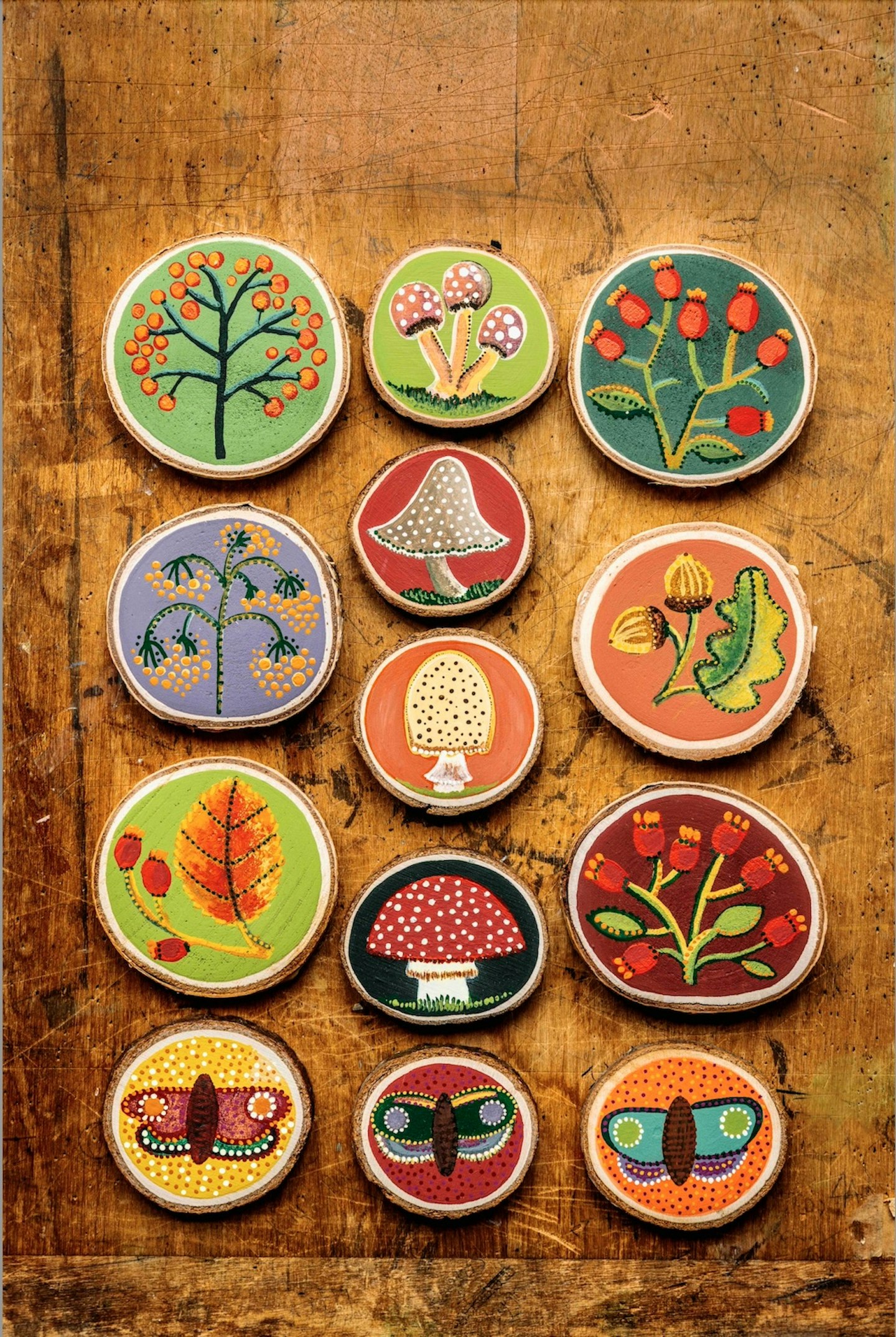 Painted log slices of autumn's rich flora and fauna. from the craft project in the October issue of LandScape magazine.