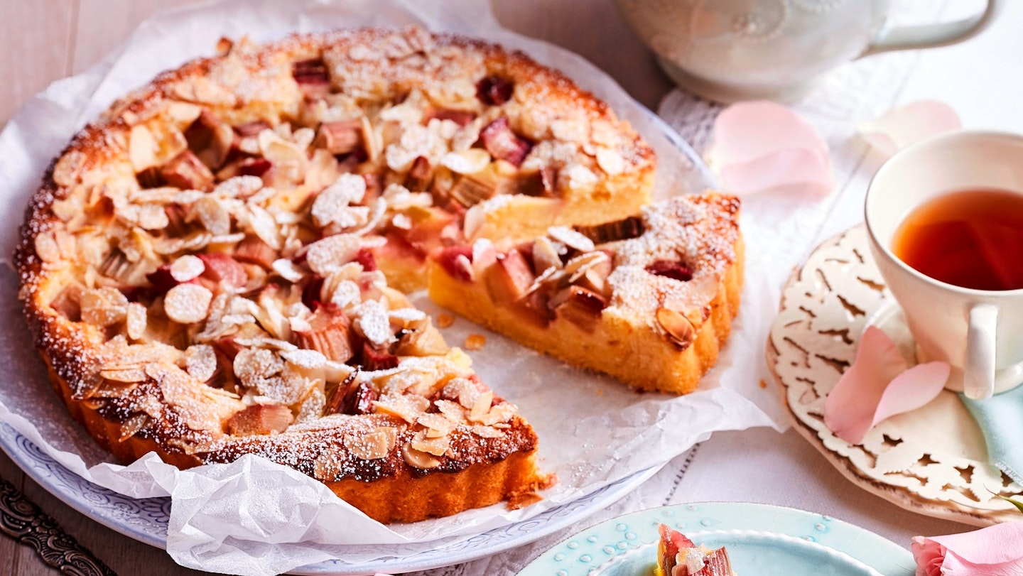 Rhubarb, rose and almond cake