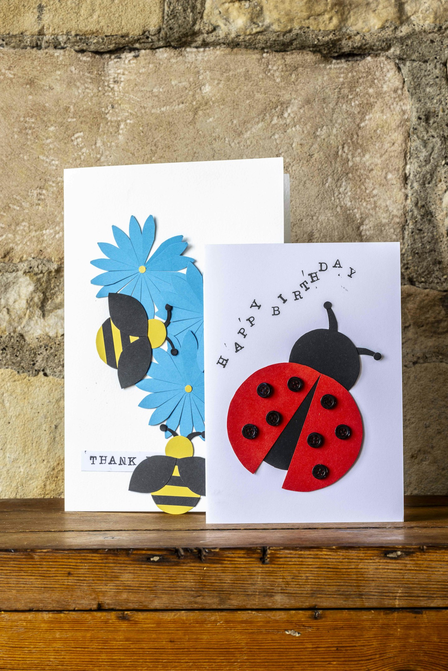 Handmade greetings cards with a ladybird and bee design