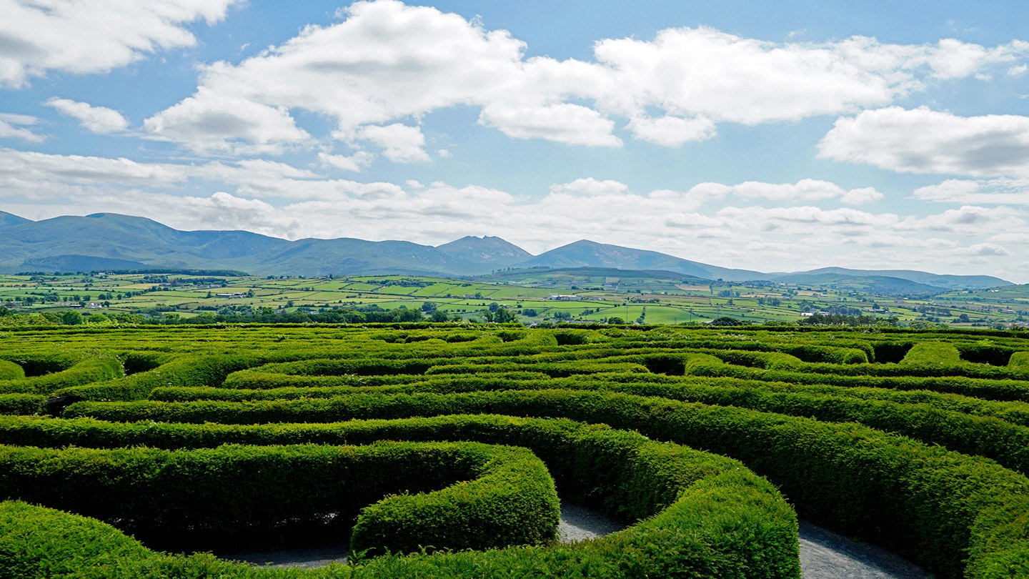 The Peace Maze in Castlewellan, Northern Ireland. Mourne Mountains in the background