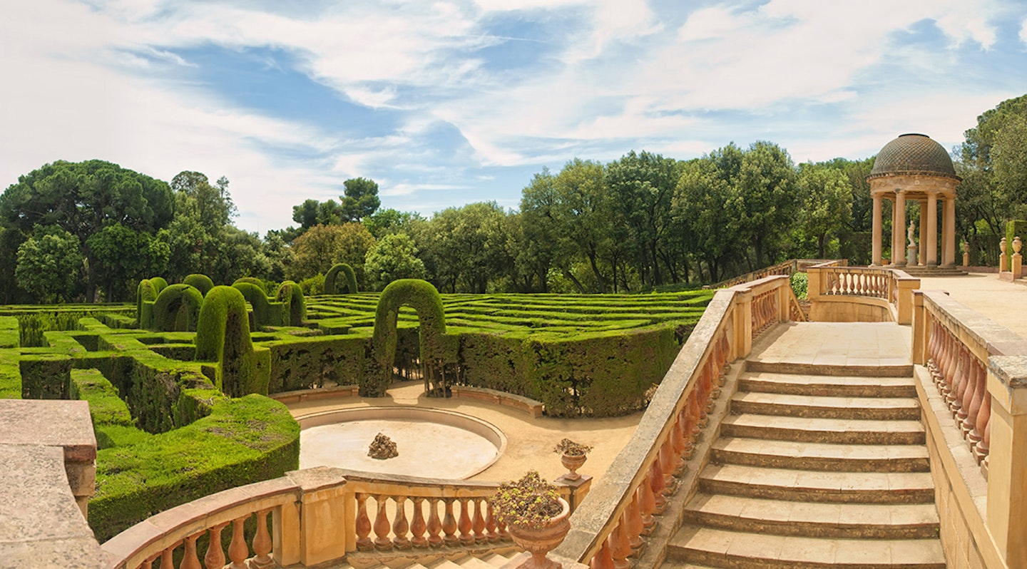 BARCELONA, SPAIN - 14 SEPTEMBER, 2016: horizontal panoramic view of Labyrinth Park of Horta on sunny day