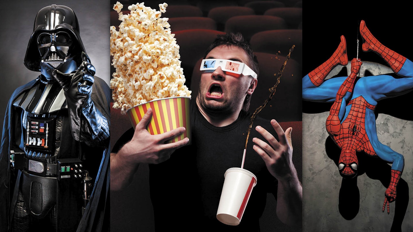 Darth vader man in cinema scared popcorn, spider-man