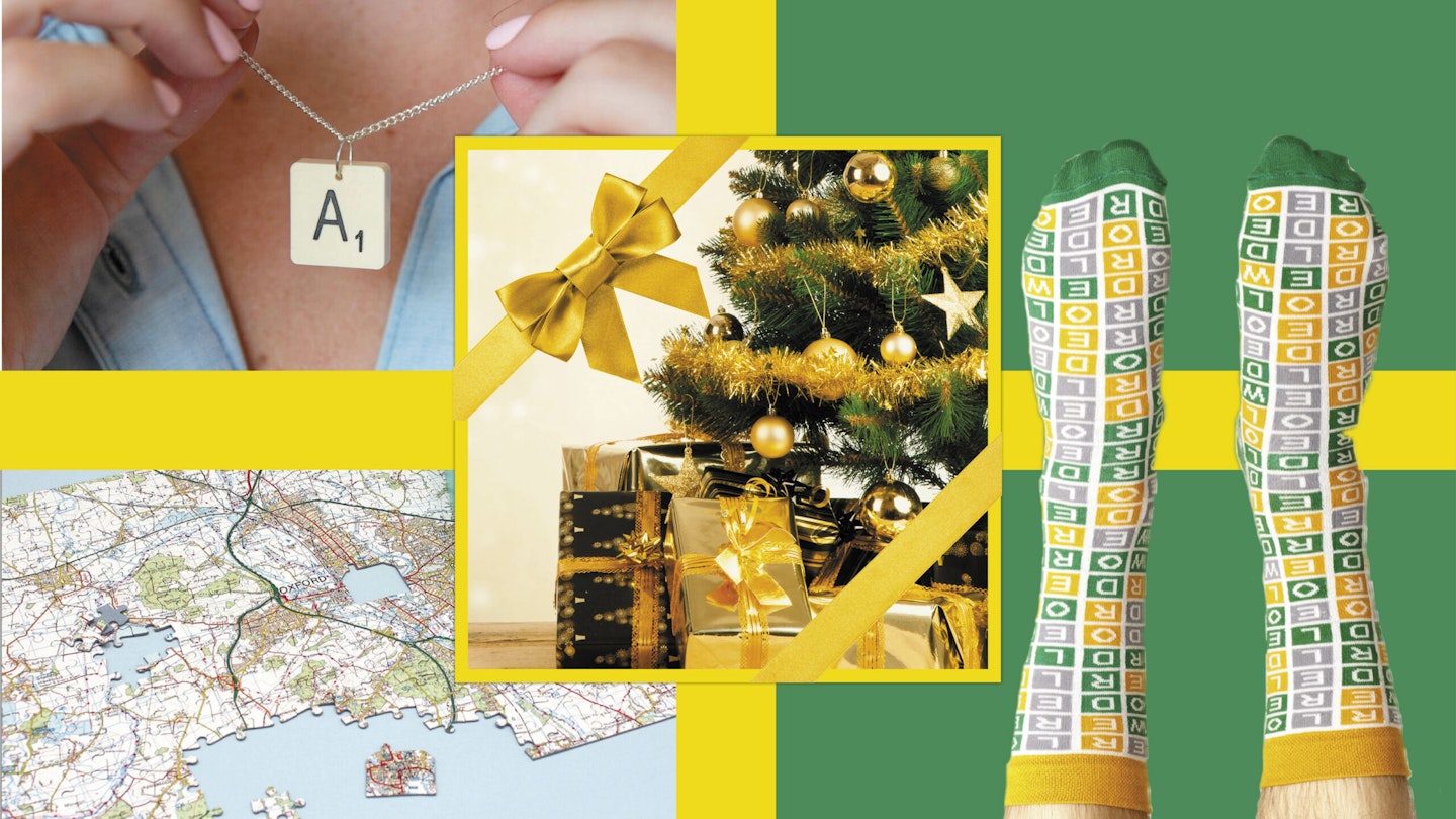 Christmas Presents for Puzzle Lovers Tile Necklace Postcode Jigsaw and Wordle Socks with Christmas Tree