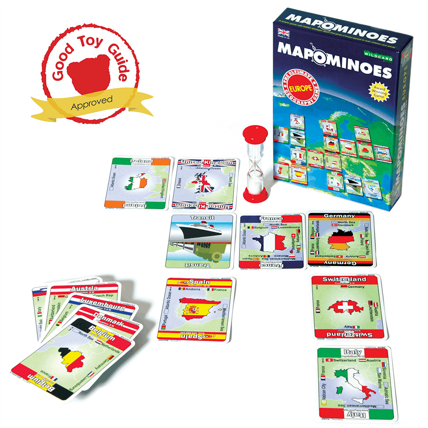 Mapominoes Europe - The Ultimate Geography Card Game box and contents