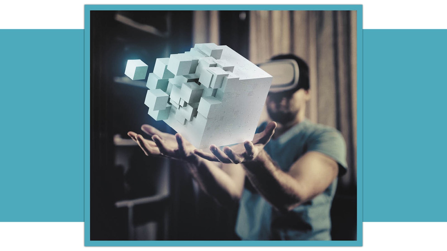 VR gamer with virtual puzzle cube