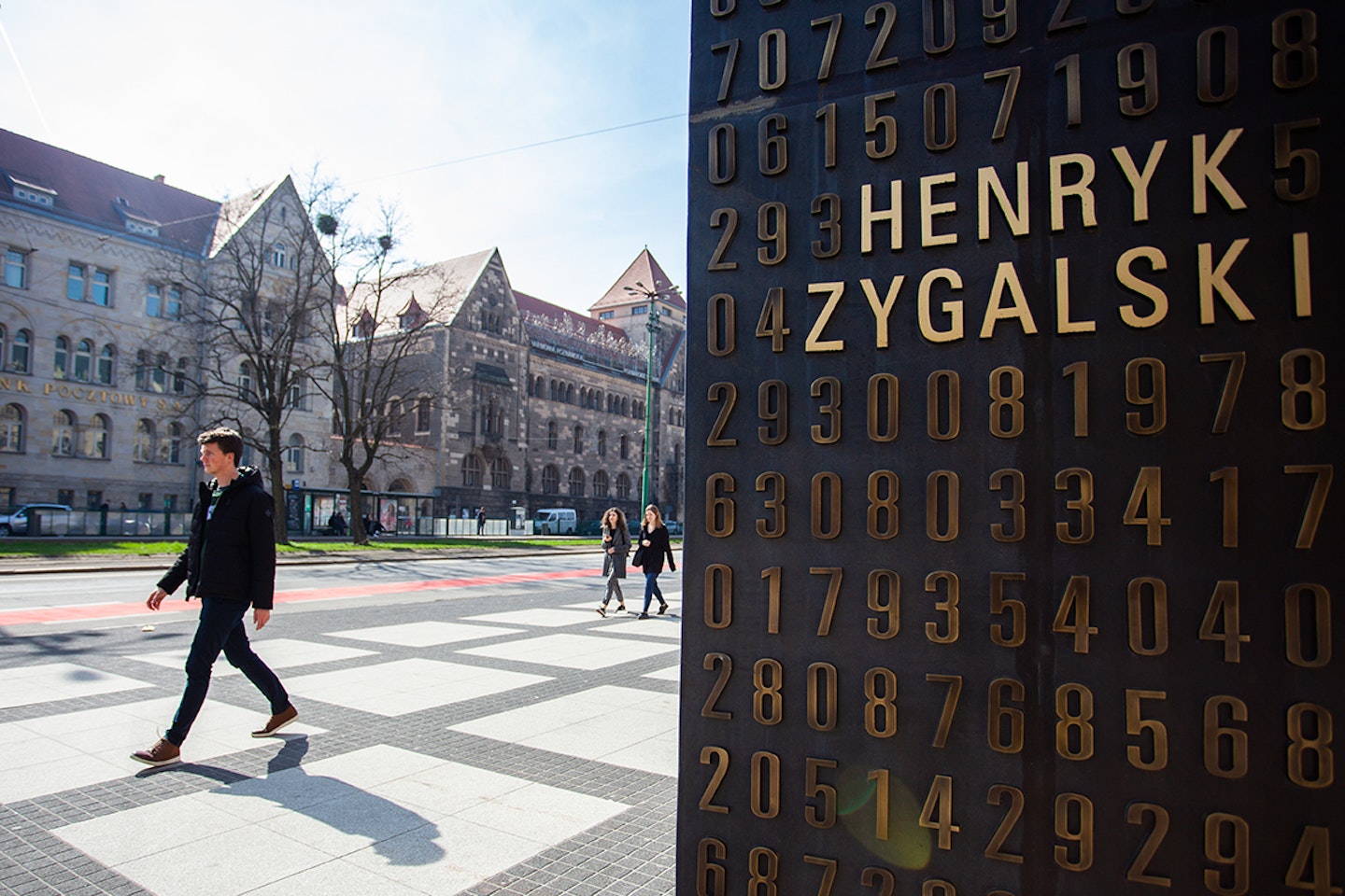 Poznan Poland - March 30, 2019: Monument to cryptologists. The inscription of the name Henryk Zygalski on the monument;