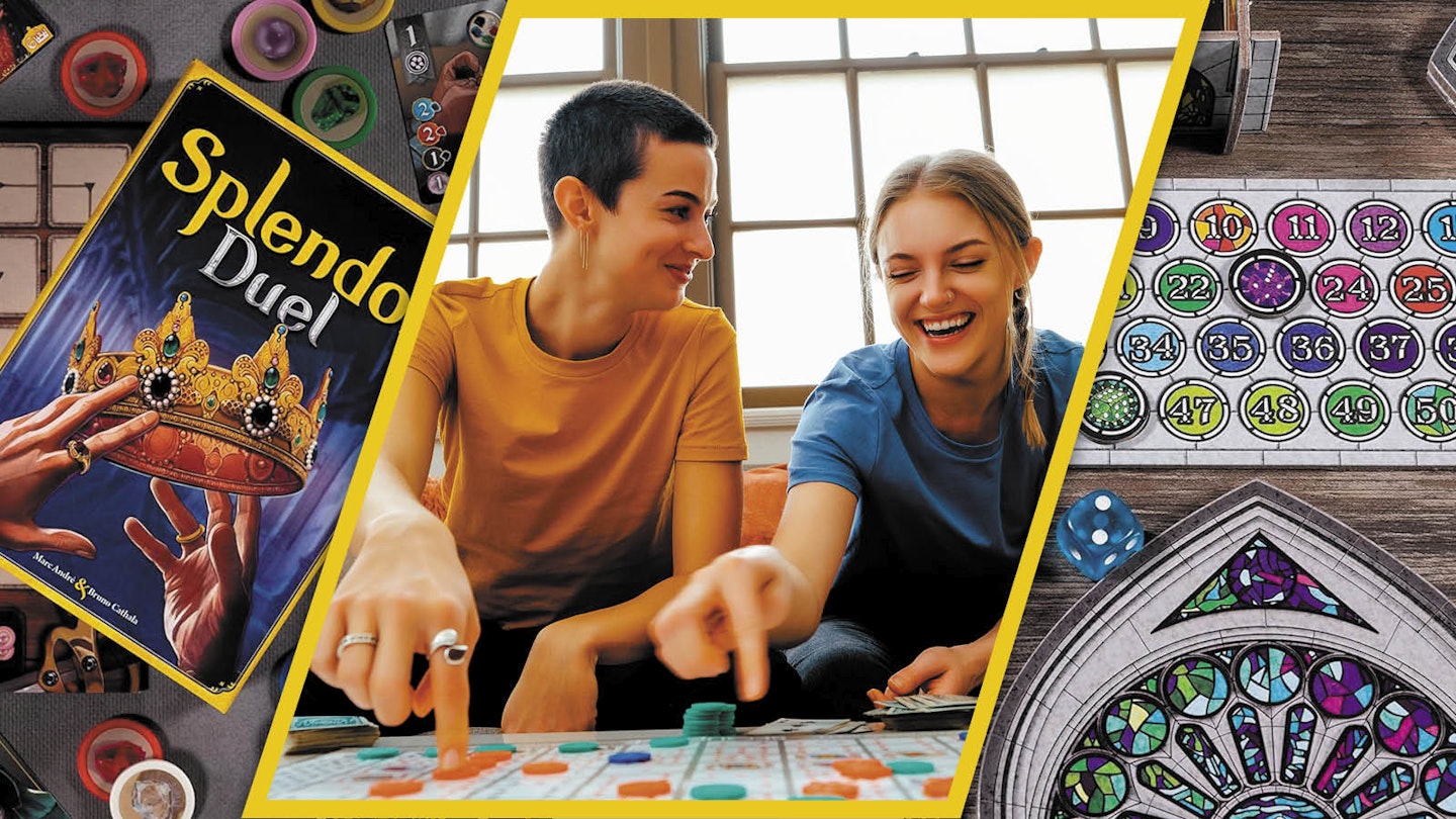 Two people playing board game and Splendor Duel and Sagrada