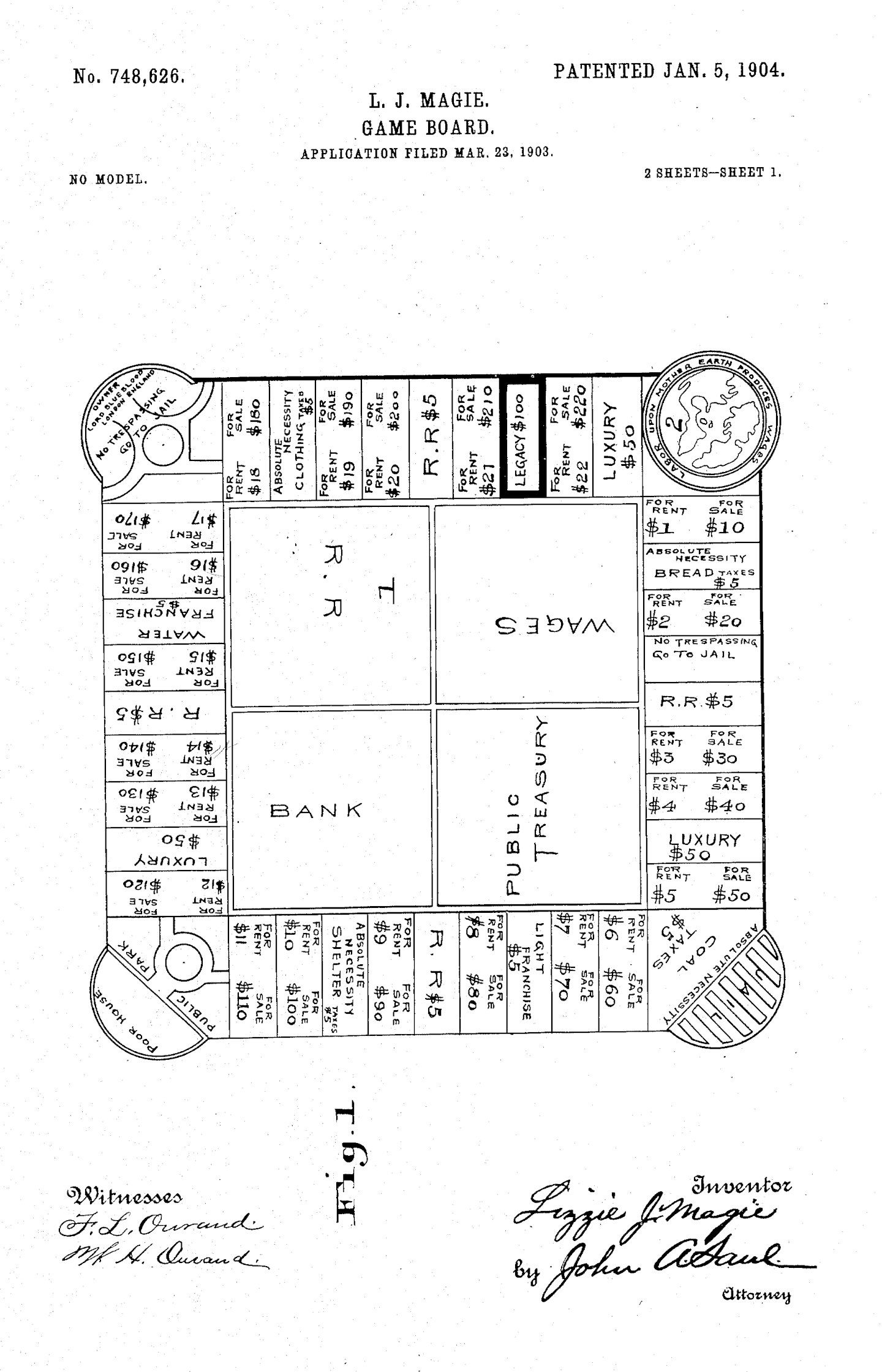 Lizzie Magie’s patent for the Landlord's Game, forerunner to Monopoly