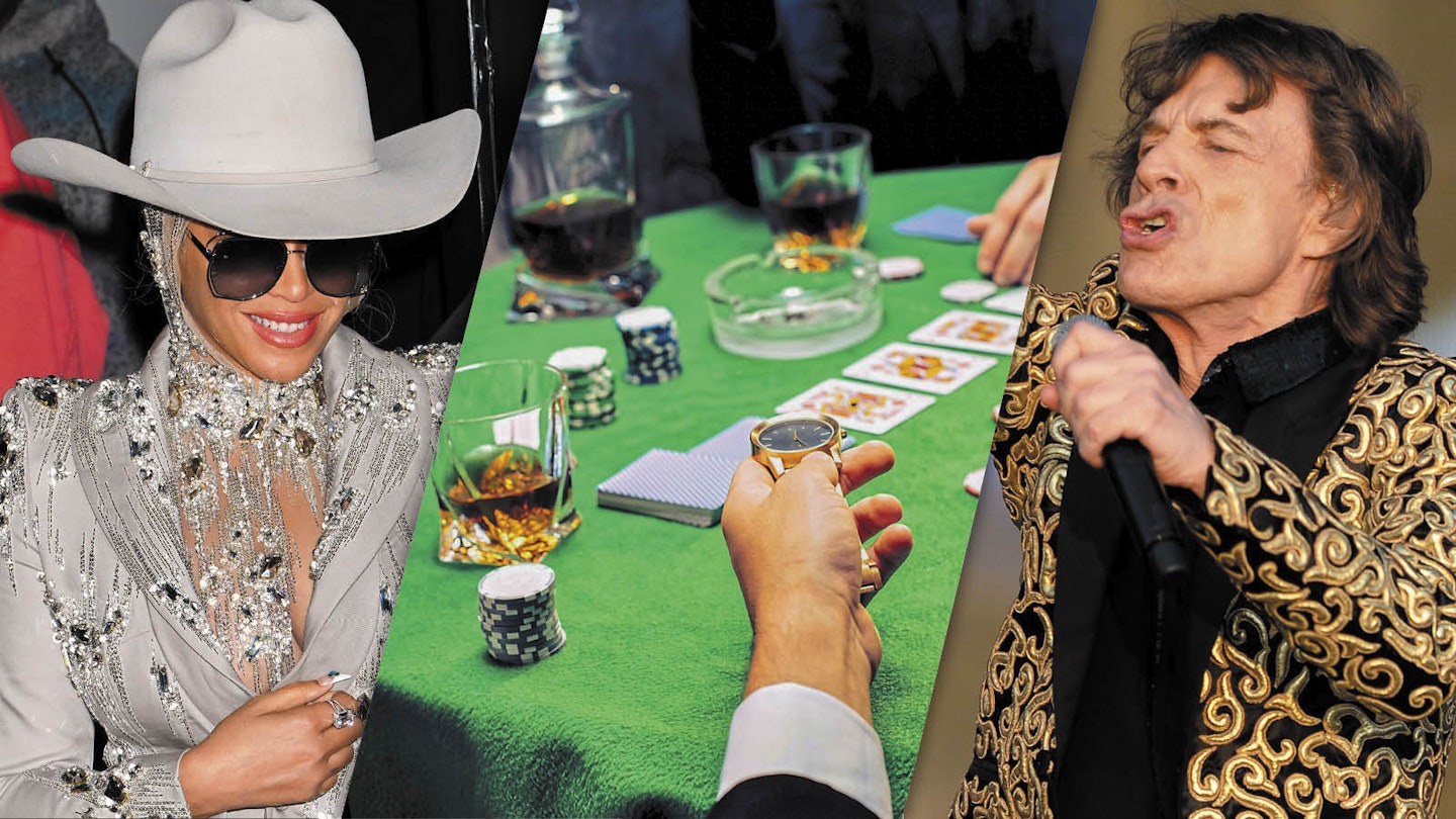 Beyonce cowboy hat and glasses poker table with cards and bets mick jagger