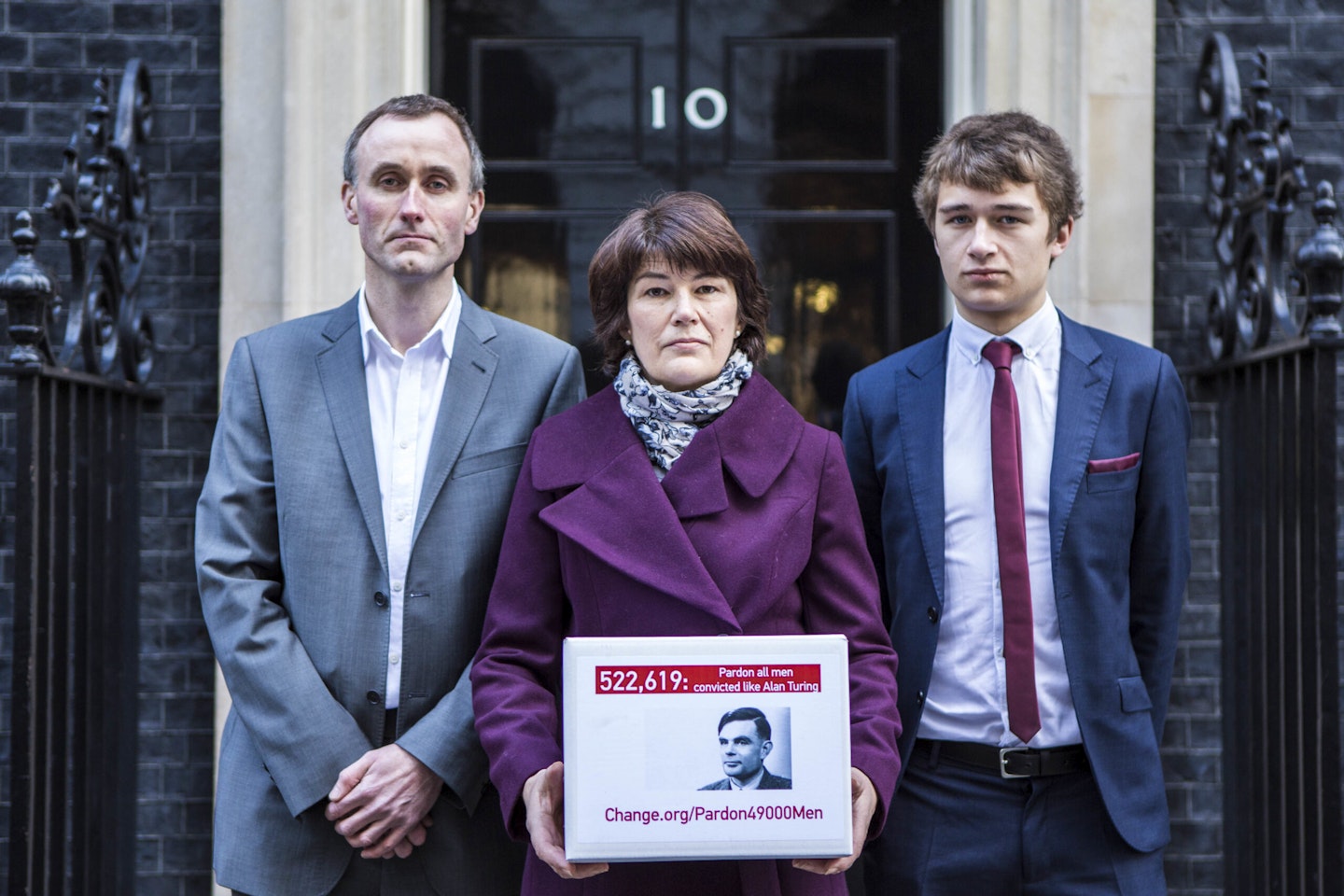 Turing’s relatives Nevil Hunt (great nephew), Rachel Barnes (great niece), Thomas Barnes (great great nephew) deliver a petition to 10 Downing Street calling for a pardon for more than 49,000 British men convicted under historic anti-gay laws in the UK. The pardon was granted in 2017.