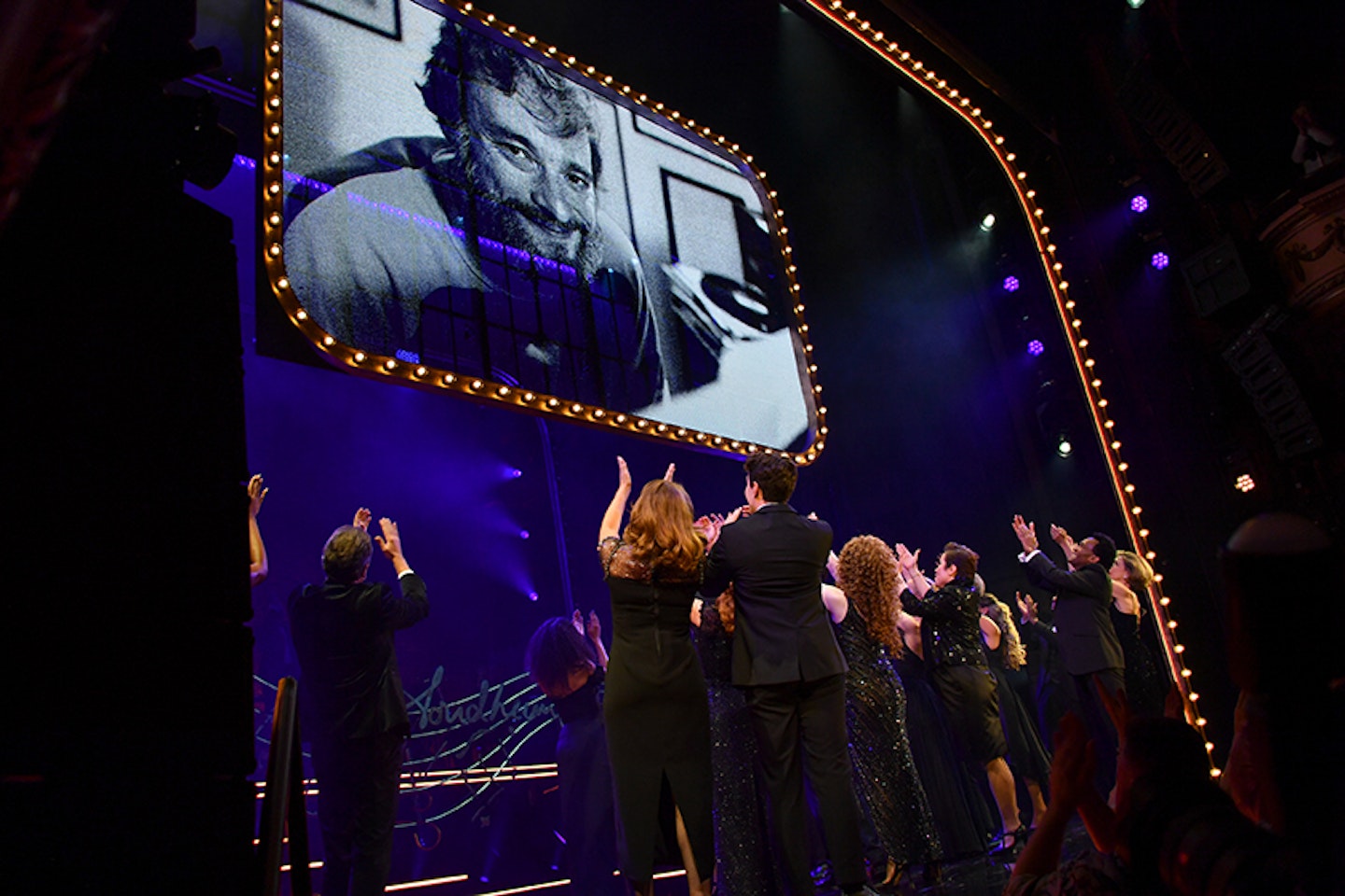 LONDON, ENGLAND - OCTOBER 03: (L-R) Christine Allado, Beatrice Penny-Touré, Jac Yarrow, Bonnie Langford, Bernadette Peters, Sir Cameron Mackintosh, Lea Salonga, Joanna Riding, Gavin Lee, Jason Pennycooke, Janie Dee, Marley Fenton, Damian Humbley and Richard Dempsey bow at the curtain call during the press night performance of "Stephen Sondheim's Old Friends" at The Gielgud Theatre on October 3, 2023 in London, England. (Photo by Jed Cullen/Dave Benett/Getty Images)