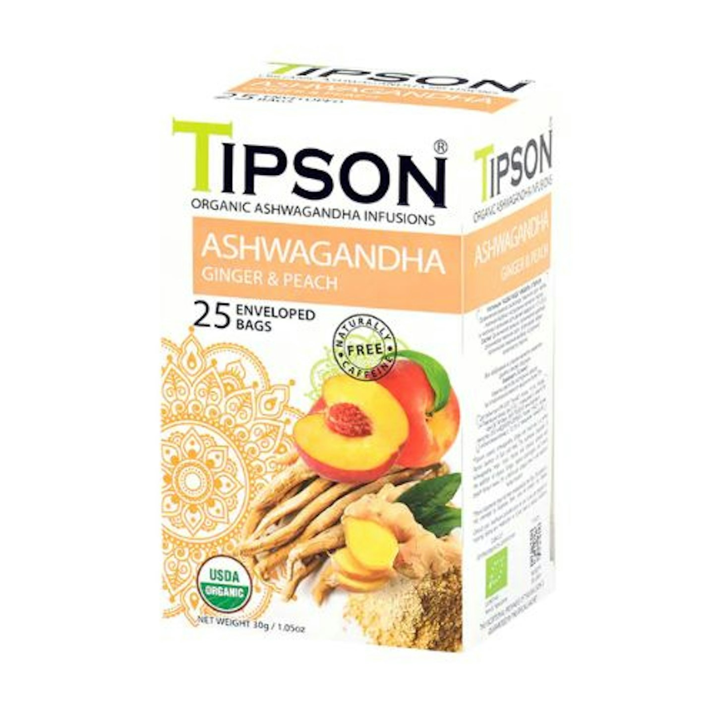 Tipson Organic Ashwagandha Ginger and Peach, 25 Bags