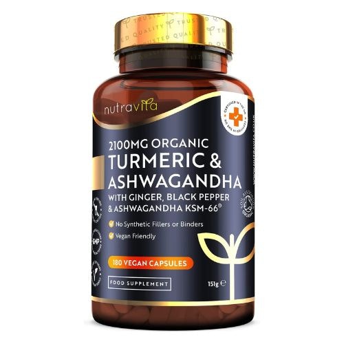 Organic Ashwagandha KSM66 Capsules with Tumeric and Ginger (180)