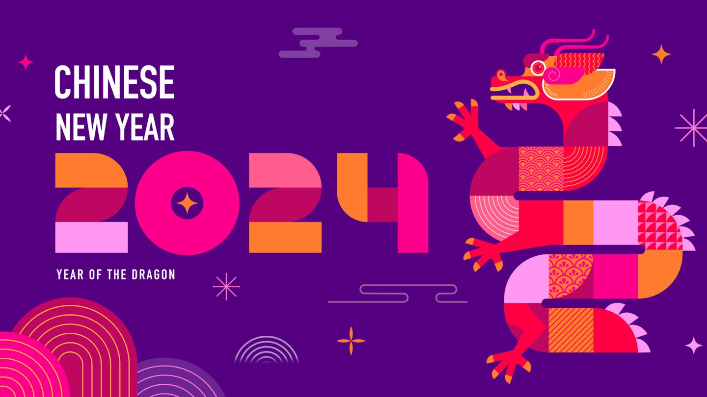 Lunar new year background, banner, Chinese New Year 2024 , Year of the Dragon. Geometric vector flat modern style