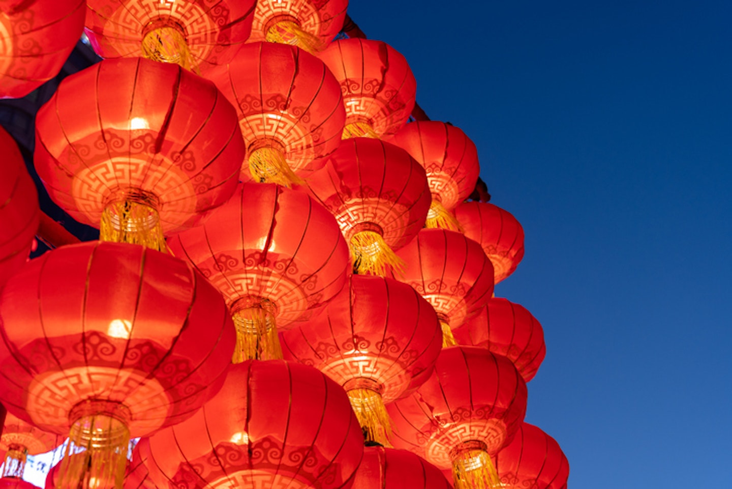 Red lanterns neatly hung for Chinese New Year