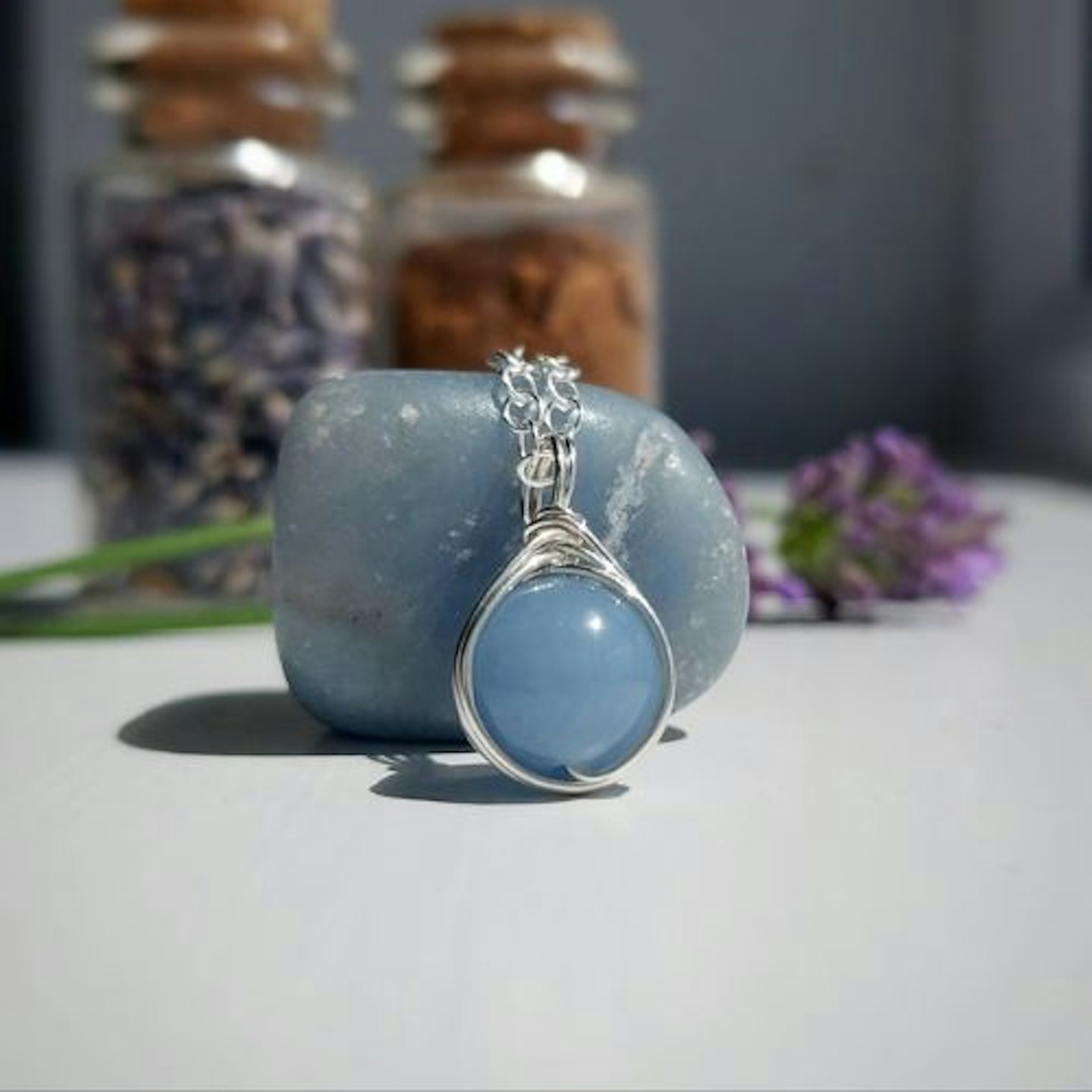 Angelite Sterling Silver Necklace | 8mm Gemstone Pendant | Dainty Crystal Jewellery