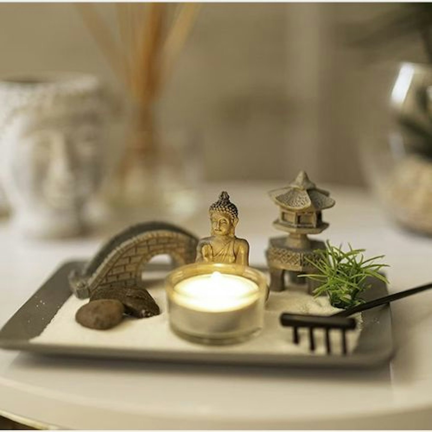 Buddha Zen Garden Ornament Tealight Holder Spiritual Decoration Temple Home Decor Relaxation Yin-Yang Xmas Gift Meditation Candle Grey