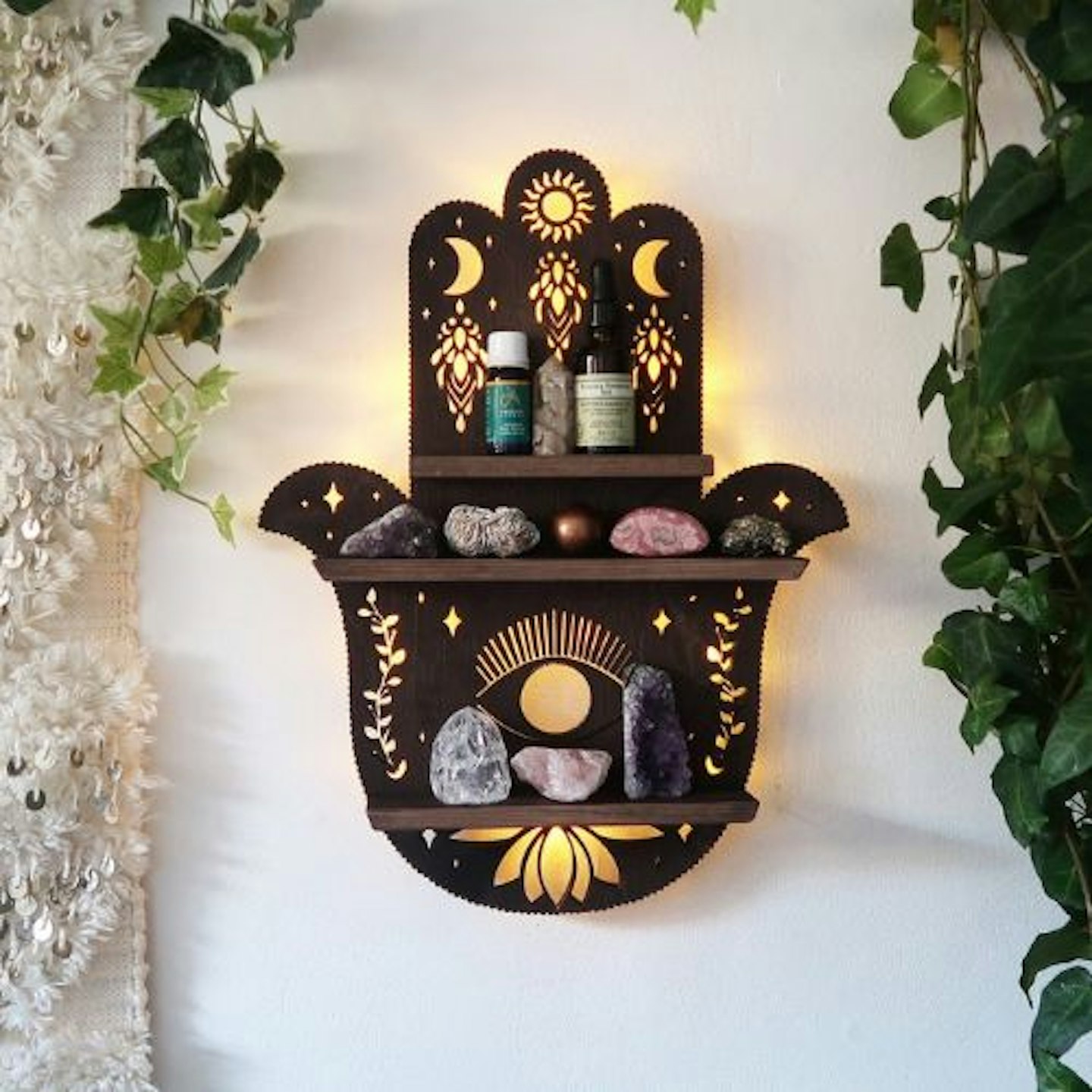 Hamsa Hand Shelf, Hamsa Hand Lamp, Hand of Fatima, wooden crystal shelf, Hamsa Wall Art