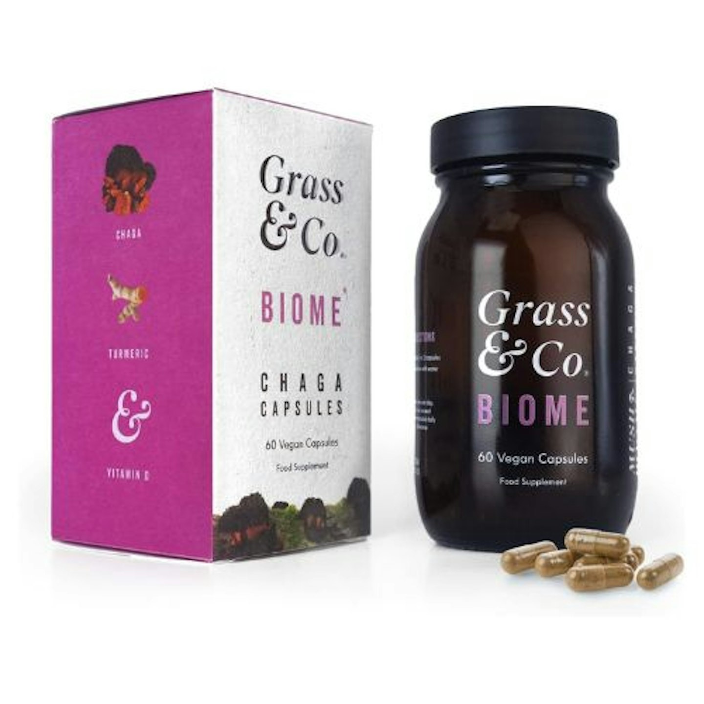 Grass & Co. BIOME Chaga Mushrooms with Curcumin + Ginger 60 Vegan Capsules