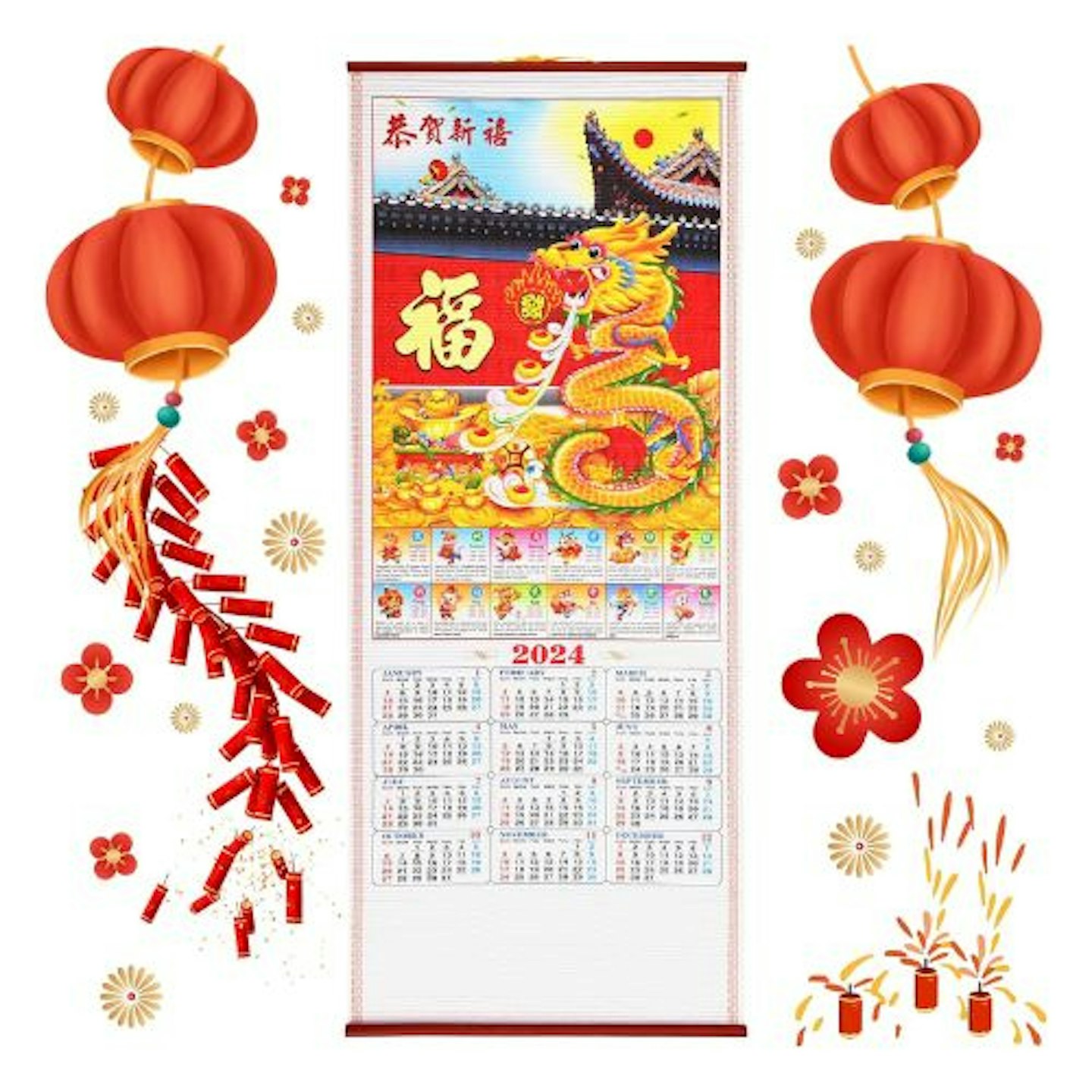 Chinese Lunar New Year Wall Calendar Scroll, 2024 Dragon Zodiac Calendar