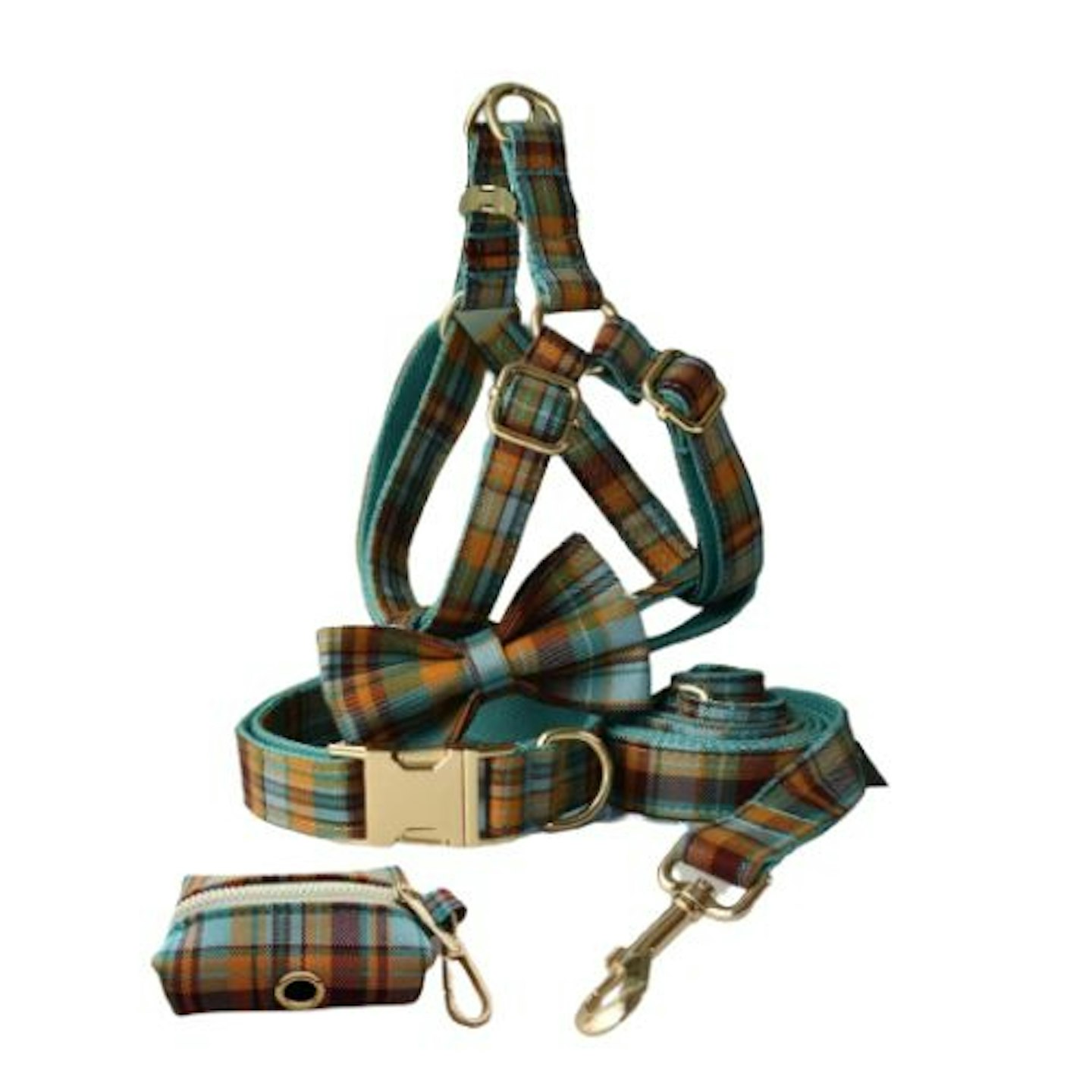 Personalized Engraved Handmade Blue Tartan Dog Collar with Name Dog Leash Set