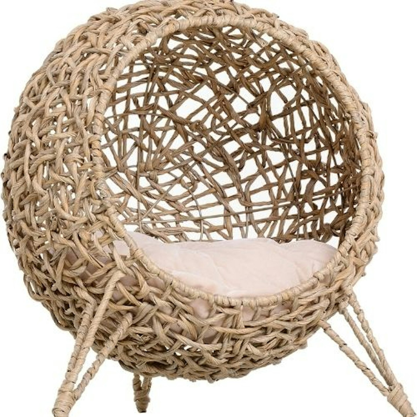 PawHut Wicker Cat House, Rattan Elevated Cat Bed with Three Tripod Legs, Ball-Shaped Cat Basket with Cushion - Natural Wood Finish