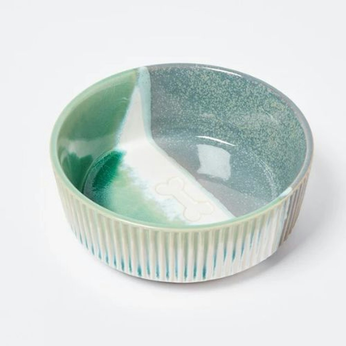 Bone Ribbed Blue Ceramic Pet Bowl