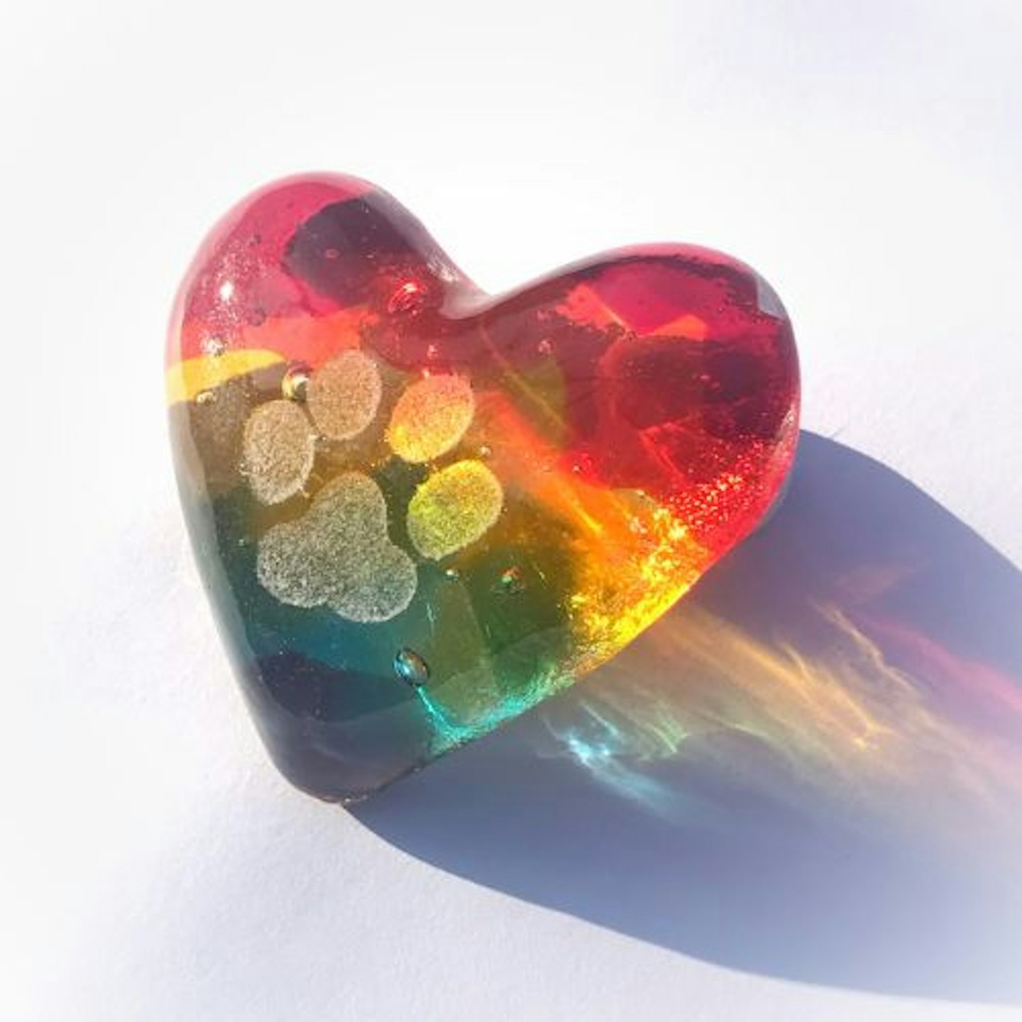 Rainbow Pawprint Fused Glass Heart