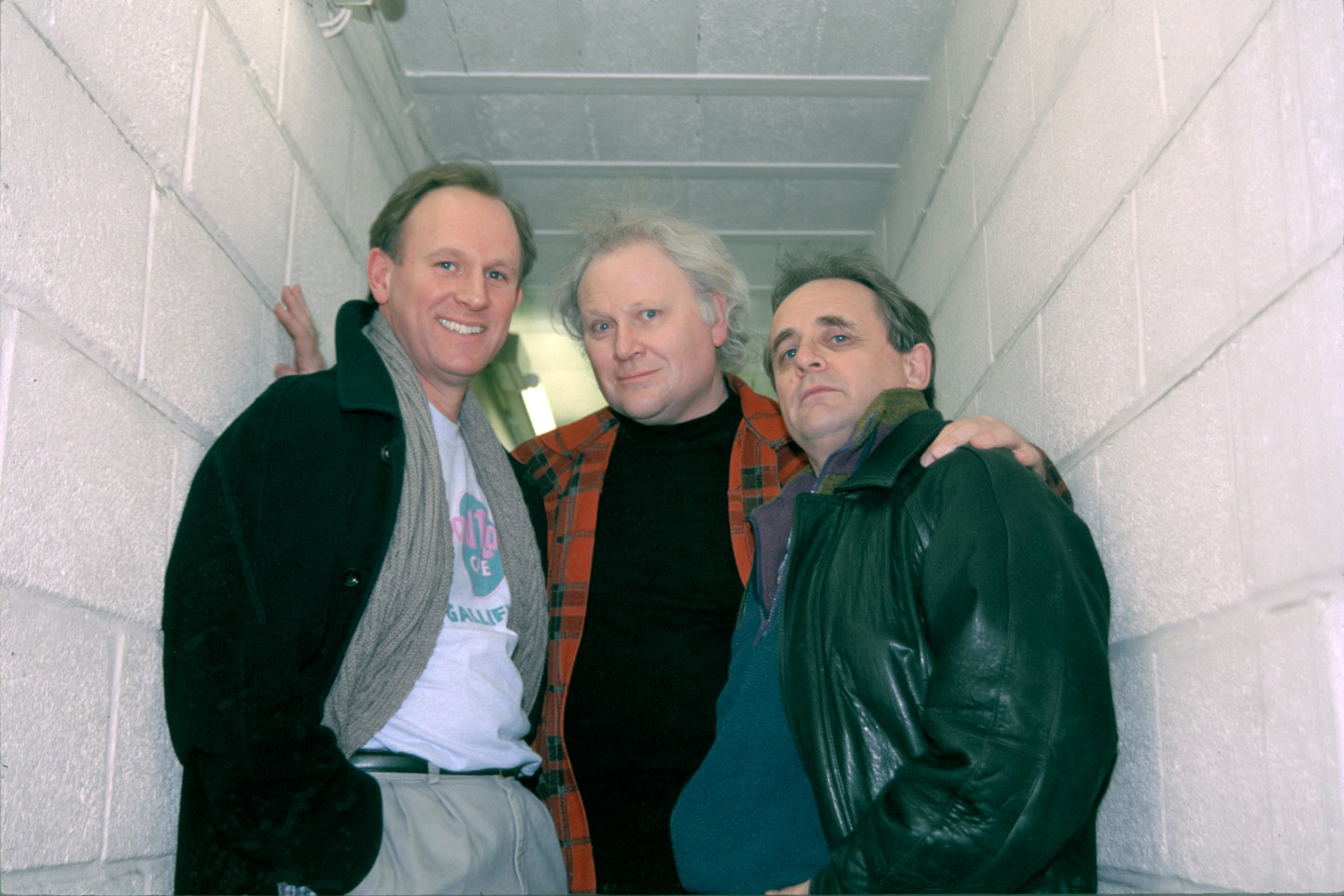 L-R, Peter Davison, Colin Baker and Sylvester McCoy at the recording of Doctor Who: The Sirens Of Time in 1999