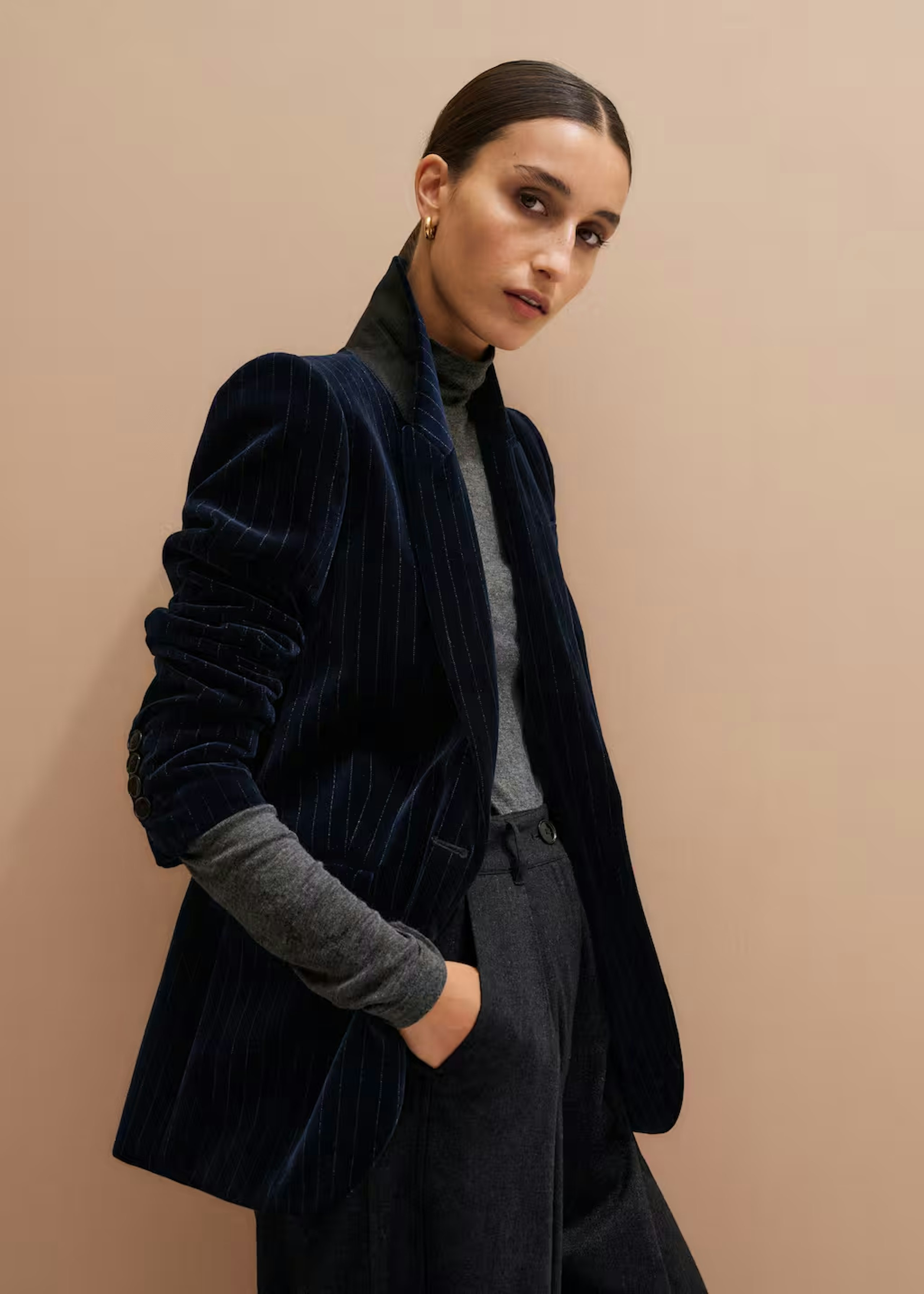 Me + Em Sharp Shoulder Blazer In Pinstripe Italian Velvet