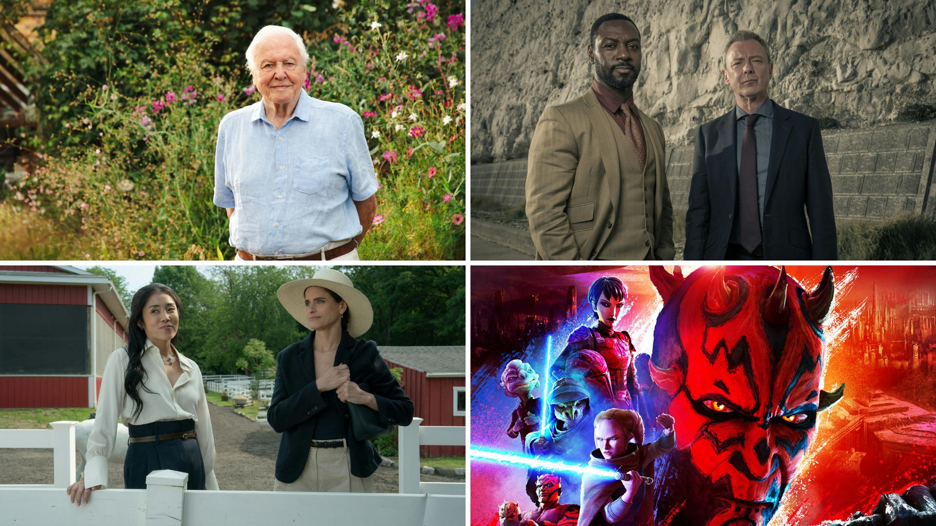 David Attenborough, John Simm as DS Roy Grace and Richie Campbell as DS Branson in Grace, Eunice Bae and Amanda Peet in Your Friends & Neighbours, Star Wars: Maul – Shadow Lord