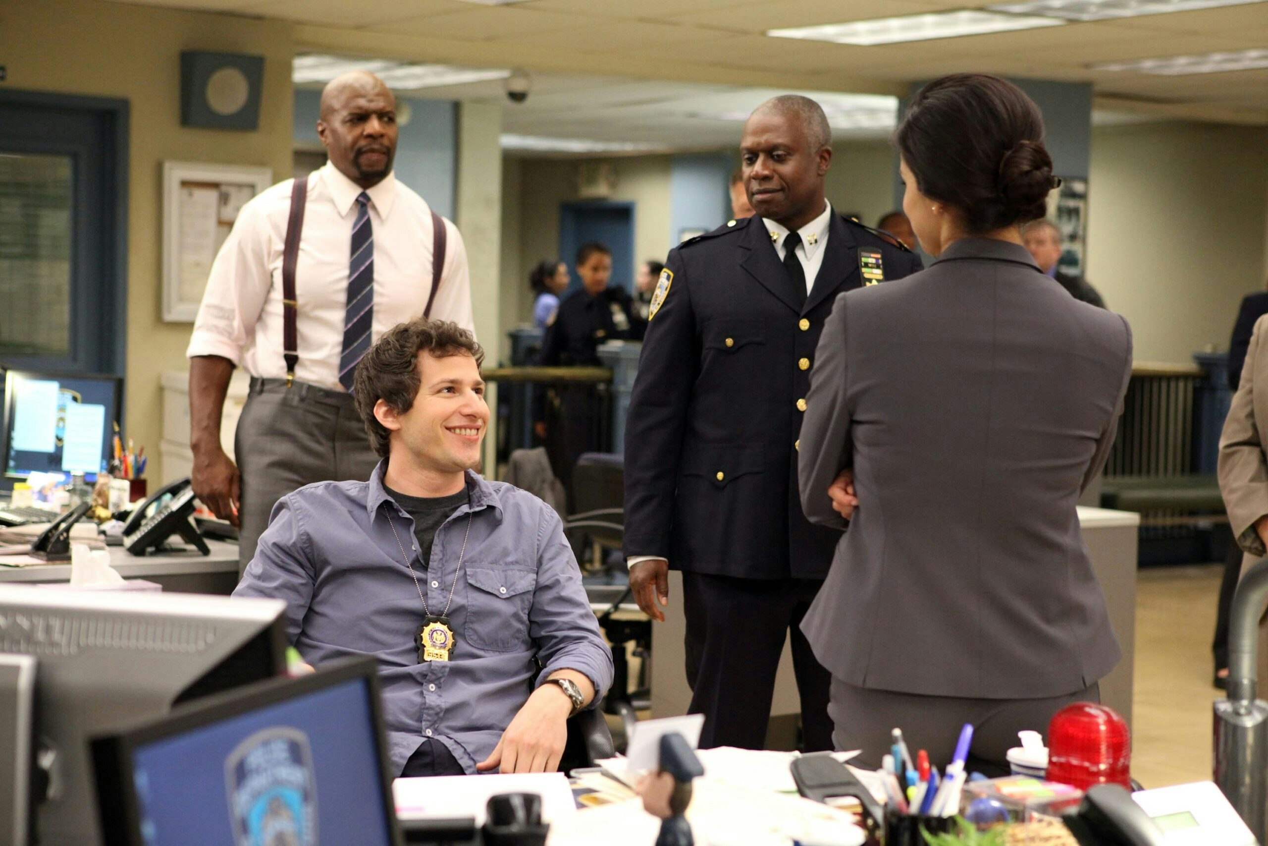 Andy Samberg, Terry Crews, Andre Braugher and Melissa Fumero in Brooklyn Nine Nine