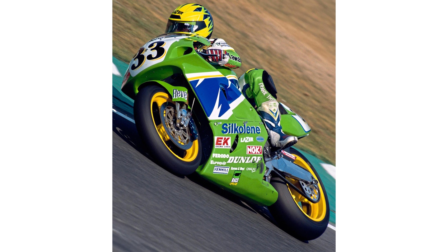 John on the Reve Kawasaki in World Superbikes at Brands Hatch in 1995. He put it second on the grid and came third in race two