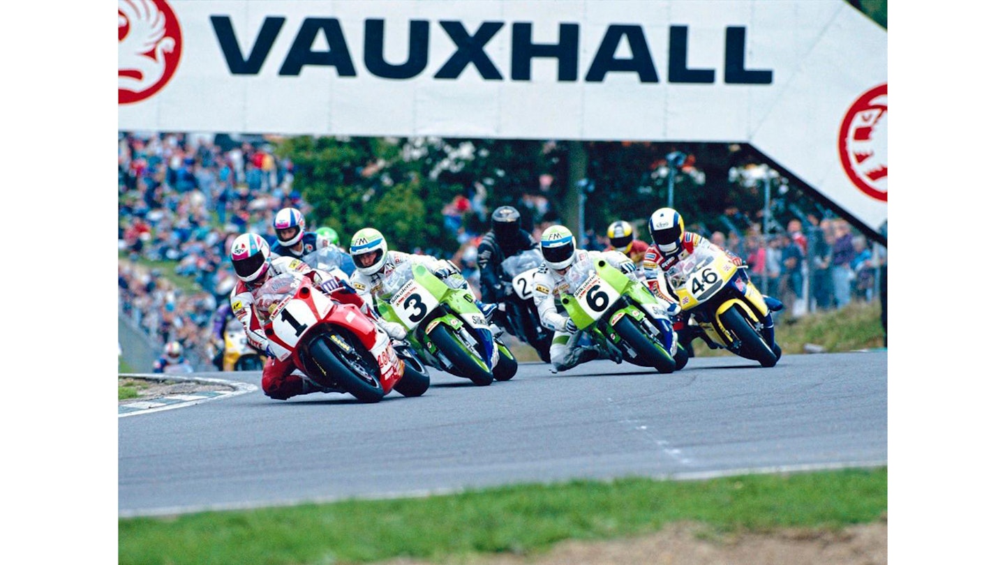 Rob McElnea (#1, Yamaha OW01) leads John (#3) in the 1992 Supercup, also at Brands Hatch