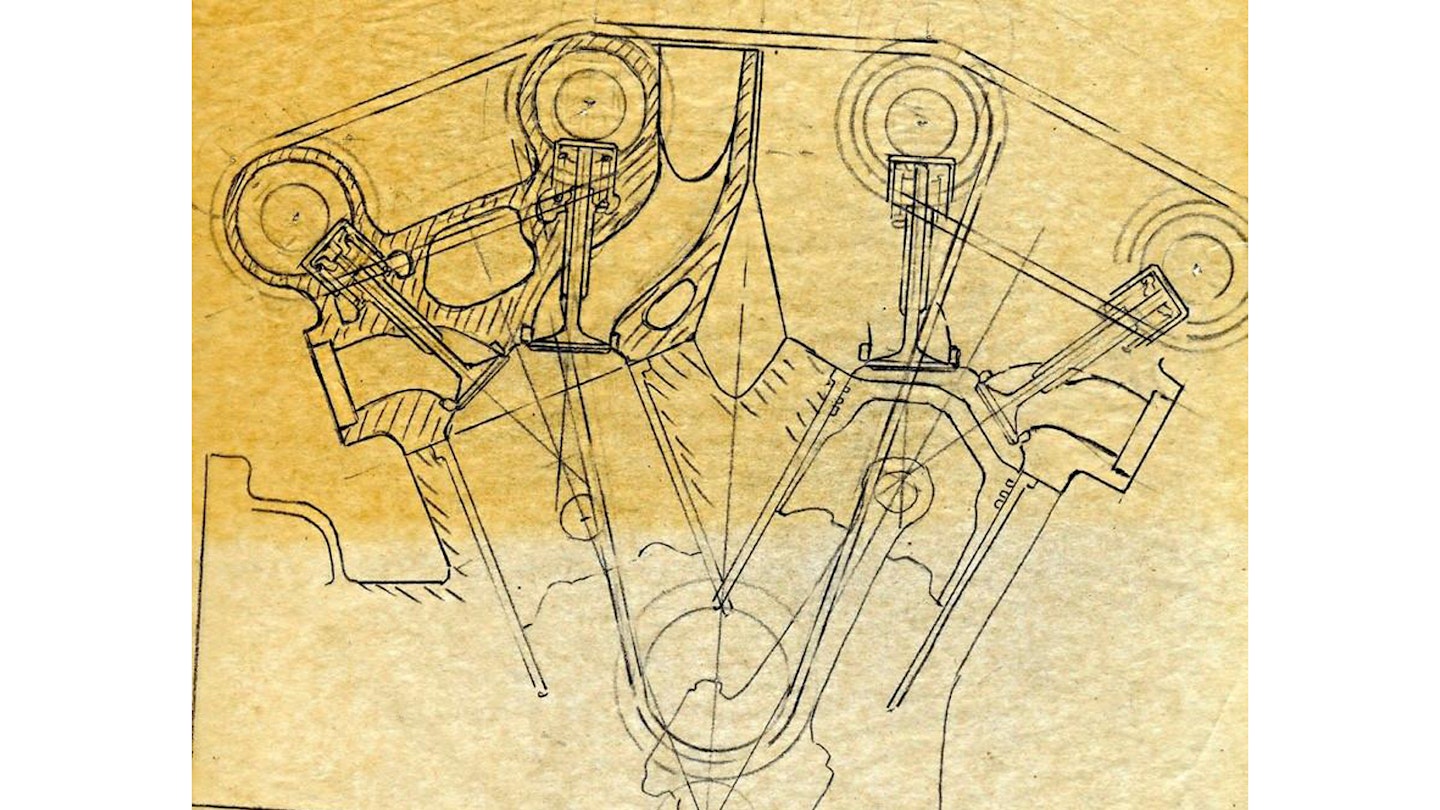 Designs for V-twins with twin overhead cams and three chains were in the unseen files