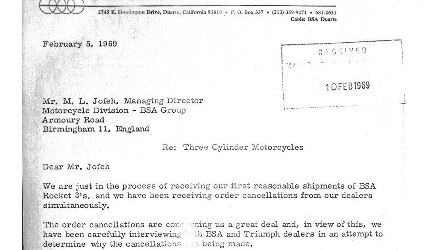 A letter from Hopwood’s files, with less than ideal news from the USA in early 1969 about the BSA and Triumph triples