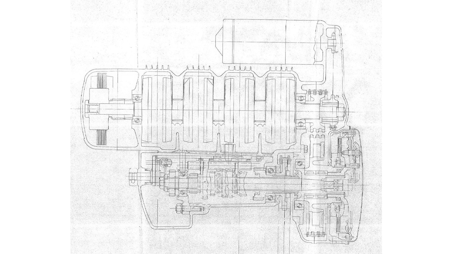 Inline oversquare four with inclined cylinders and twin cams, predating the arrival of Honda’s CB fours