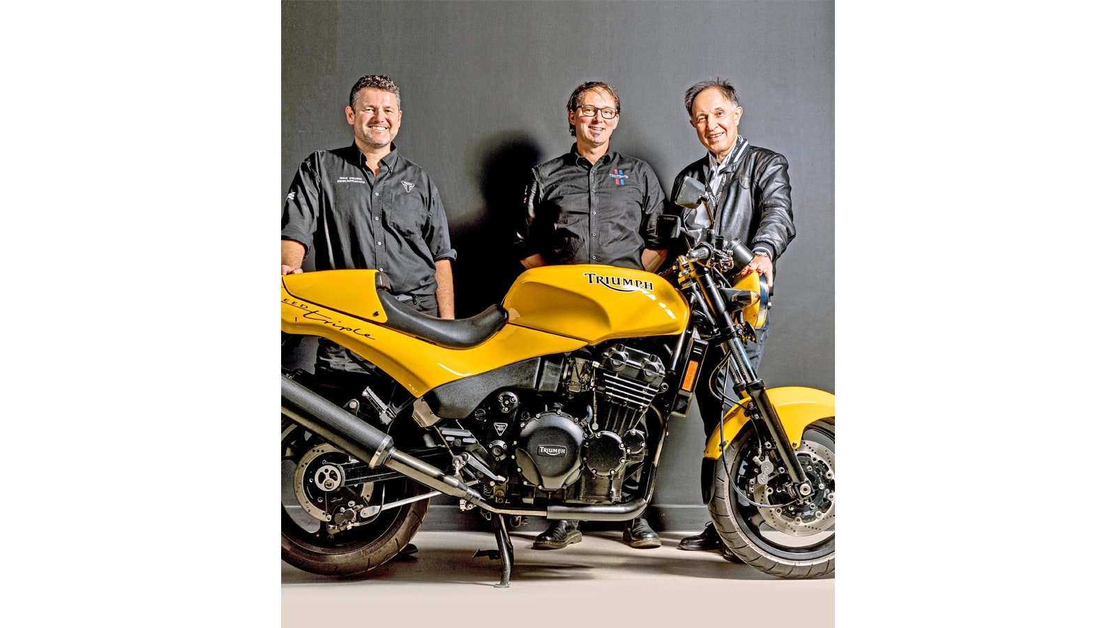 Bruno (right) with fellow architects of Triumph’s recent success: marketing man Miles Perkins (left), chief engineer Stuart Wood and the first iteration of the huge-selling Speed Triple