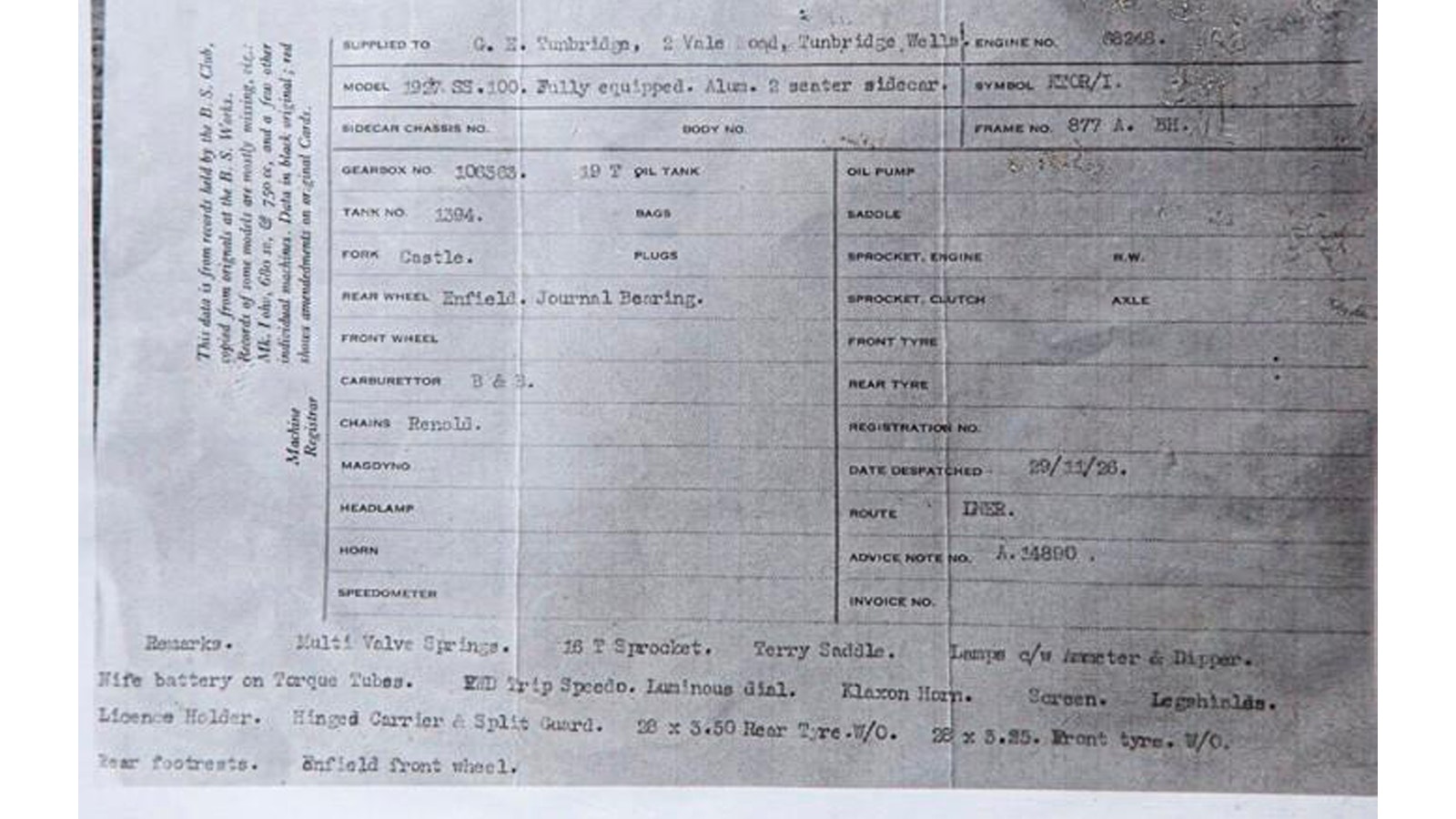 Despatched November 1926 – exactly 99 years ago