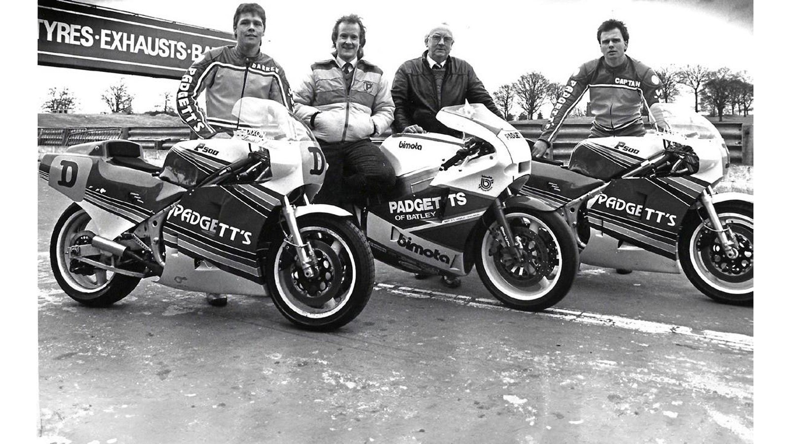’88 Padgett’s team, from left: Darren and his RG500, Peter and Clive Padgett by a Bimota YB4R, and Dave Leach with his RG. Leach raced the Bimota at the TT