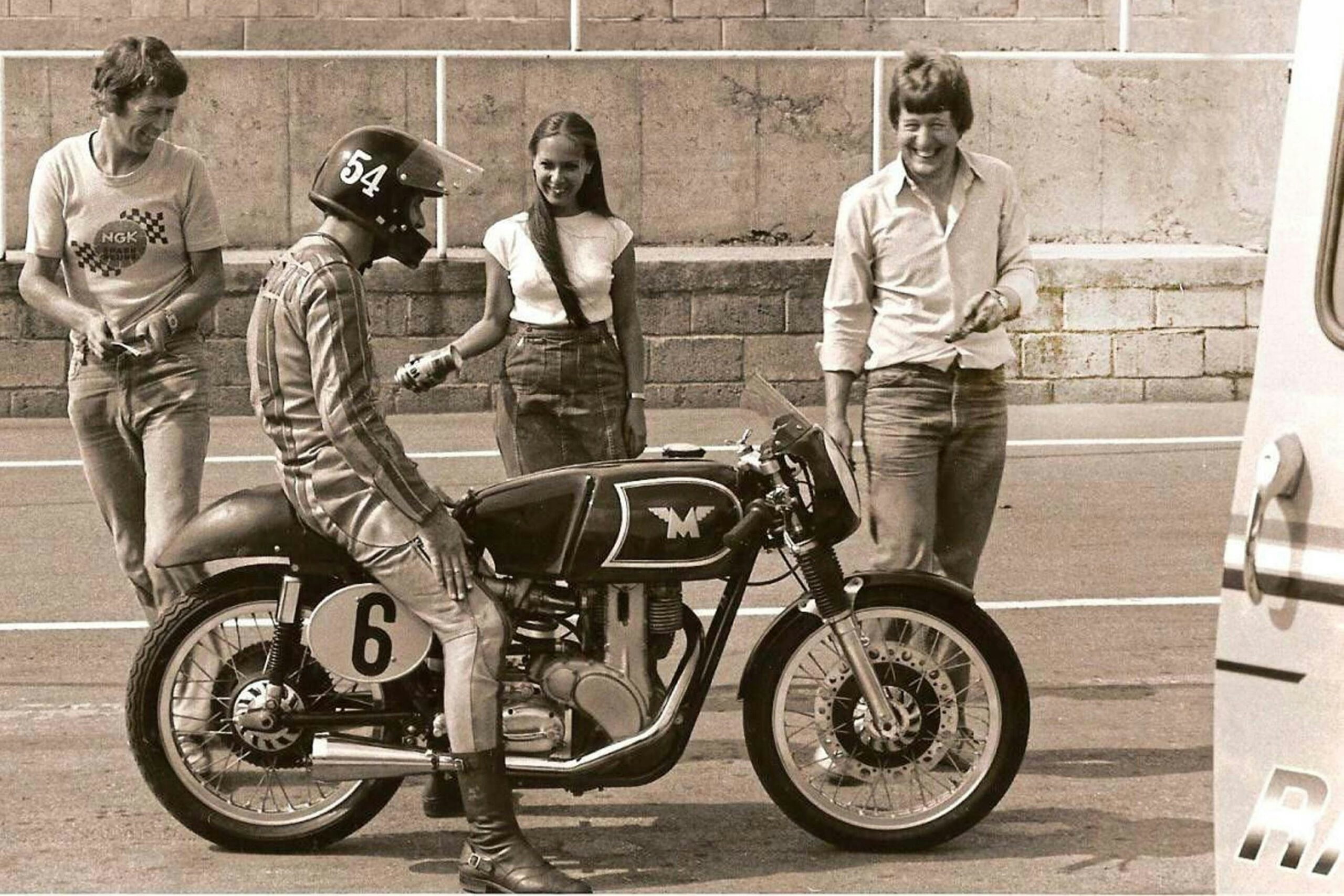 Alan sits on his Matchless G50 in 1976, having just won his first race: the Bemsee 500 Singles at Brands