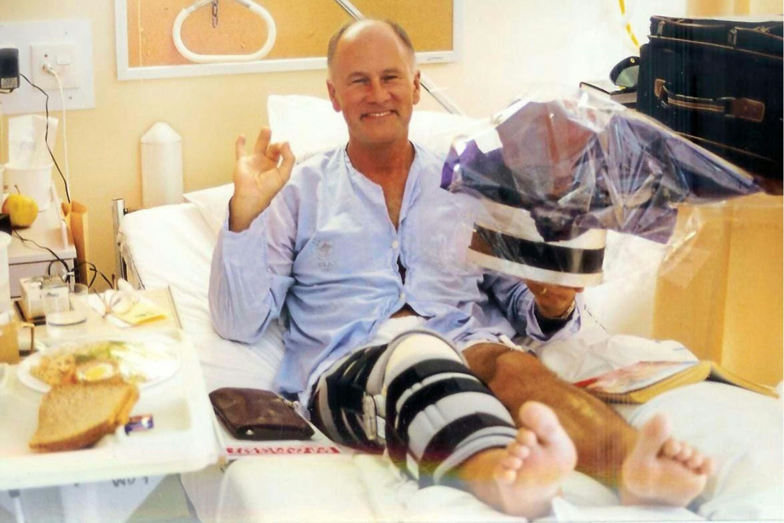 Like all racers, Alan paid a price for success. This is 1998, after breaking his leg racing in New Zealand. And he only has three fingers on his right hand because of a previous accident
