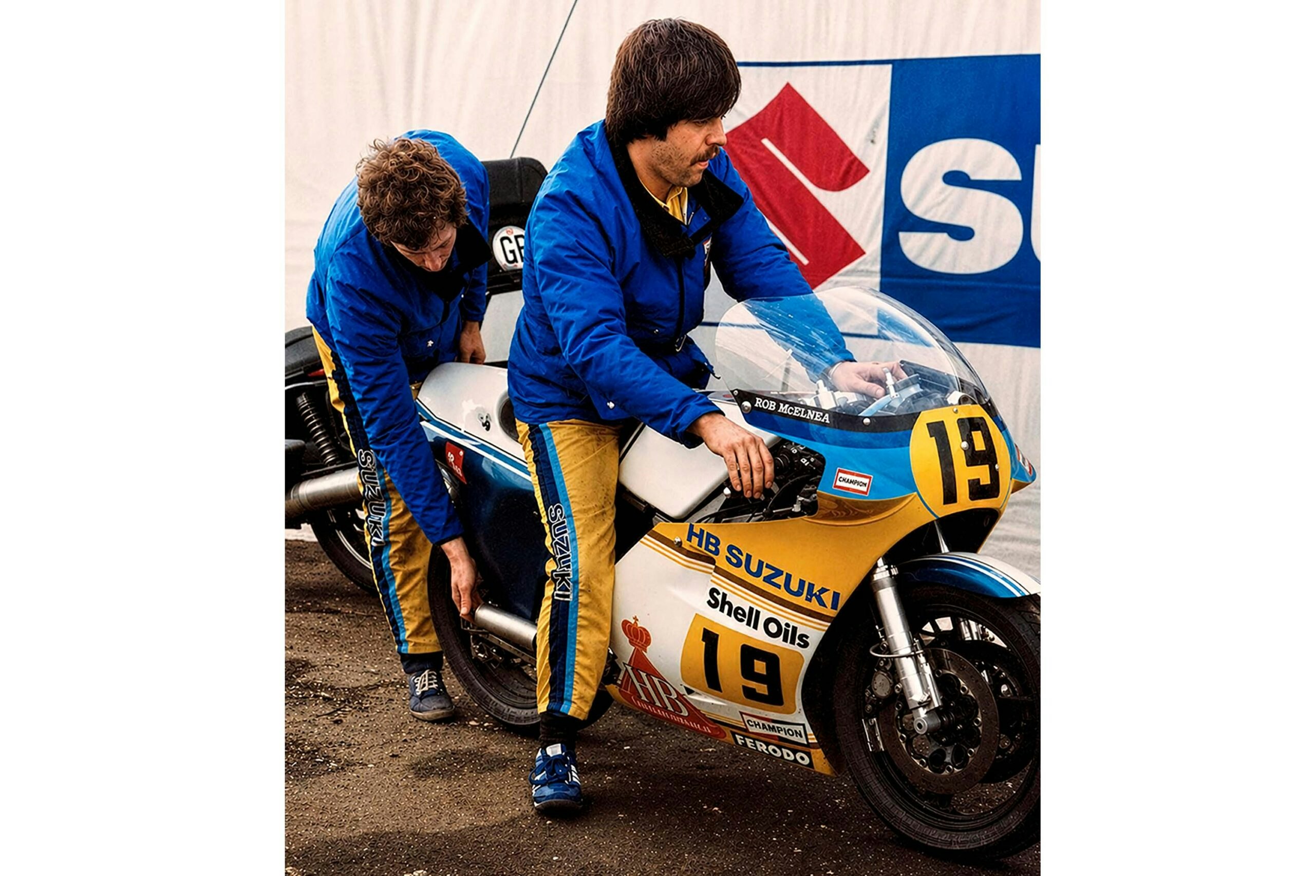 Paul warms up Rob McElnea’s RG500 in 1983. He would work with Rob again in 1988 when they were both in the Pepsi Suzuki Grand Prix team